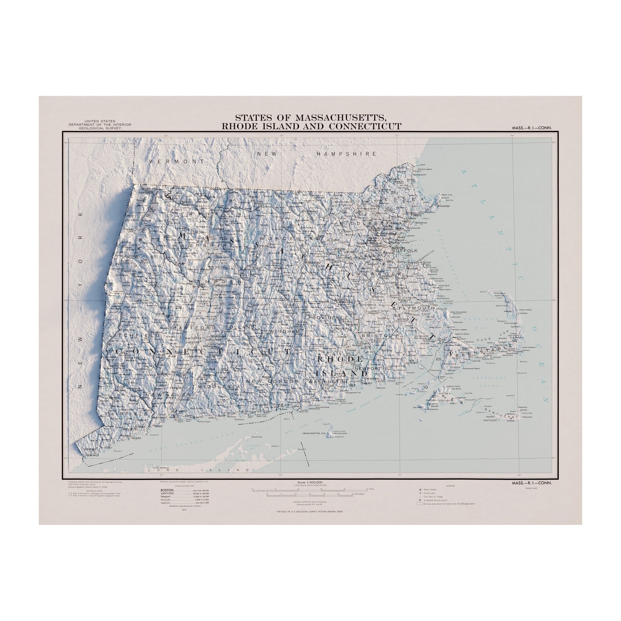 Massachusetts, Rhode Island, and Connecticut 1975 Shaded Relief Map - Muir Way - Vintage Relief