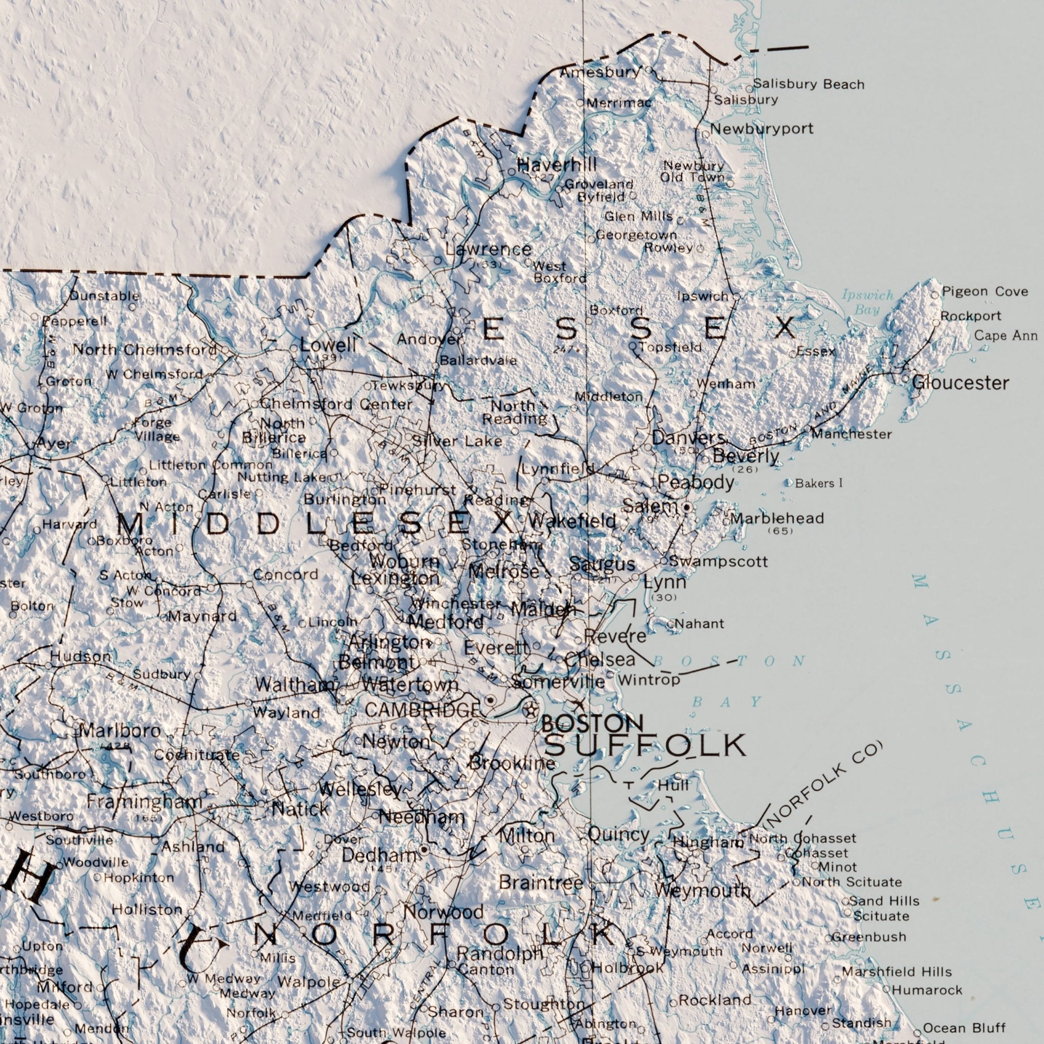 Massachusetts, Rhode Island, and Connecticut 1975 Shaded Relief Map - Muir Way - Vintage Relief