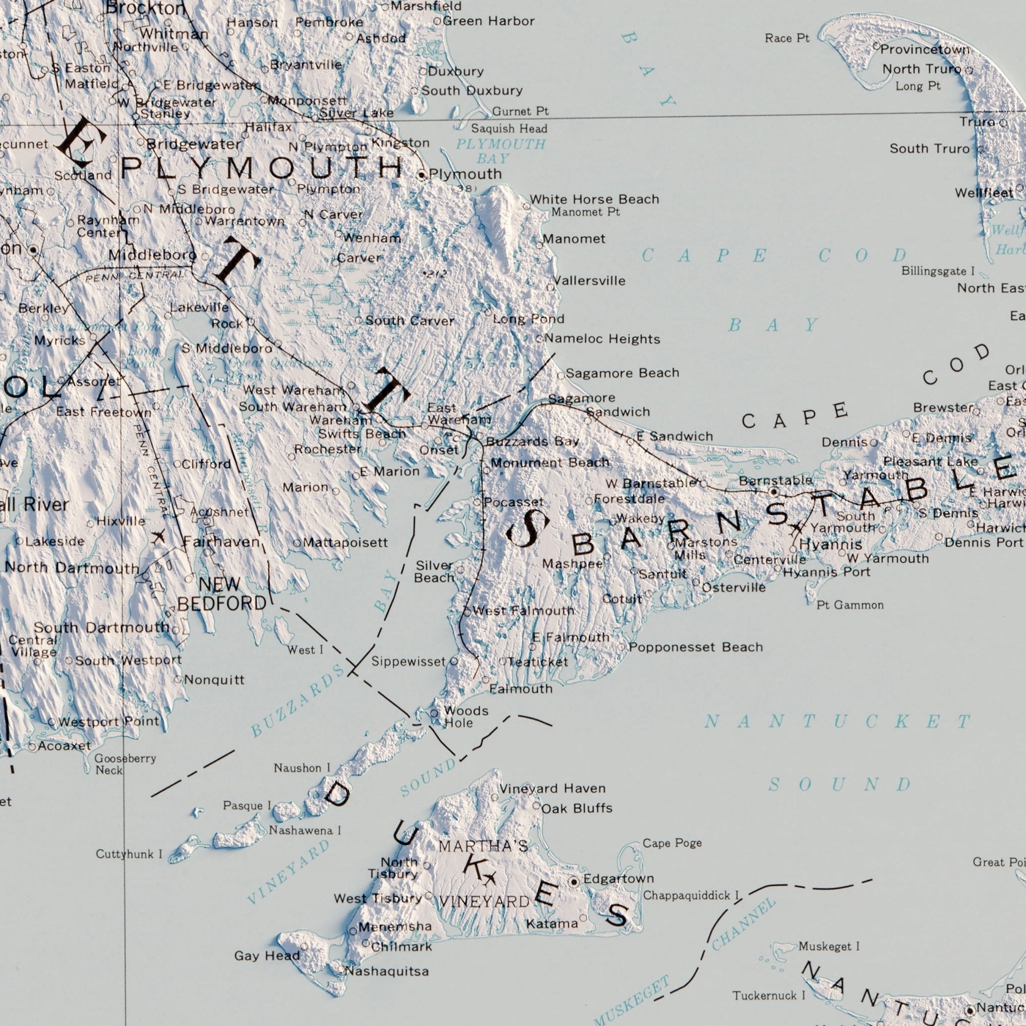 Massachusetts, Rhode Island, and Connecticut 1975 Shaded Relief Map - Muir Way - Vintage Relief