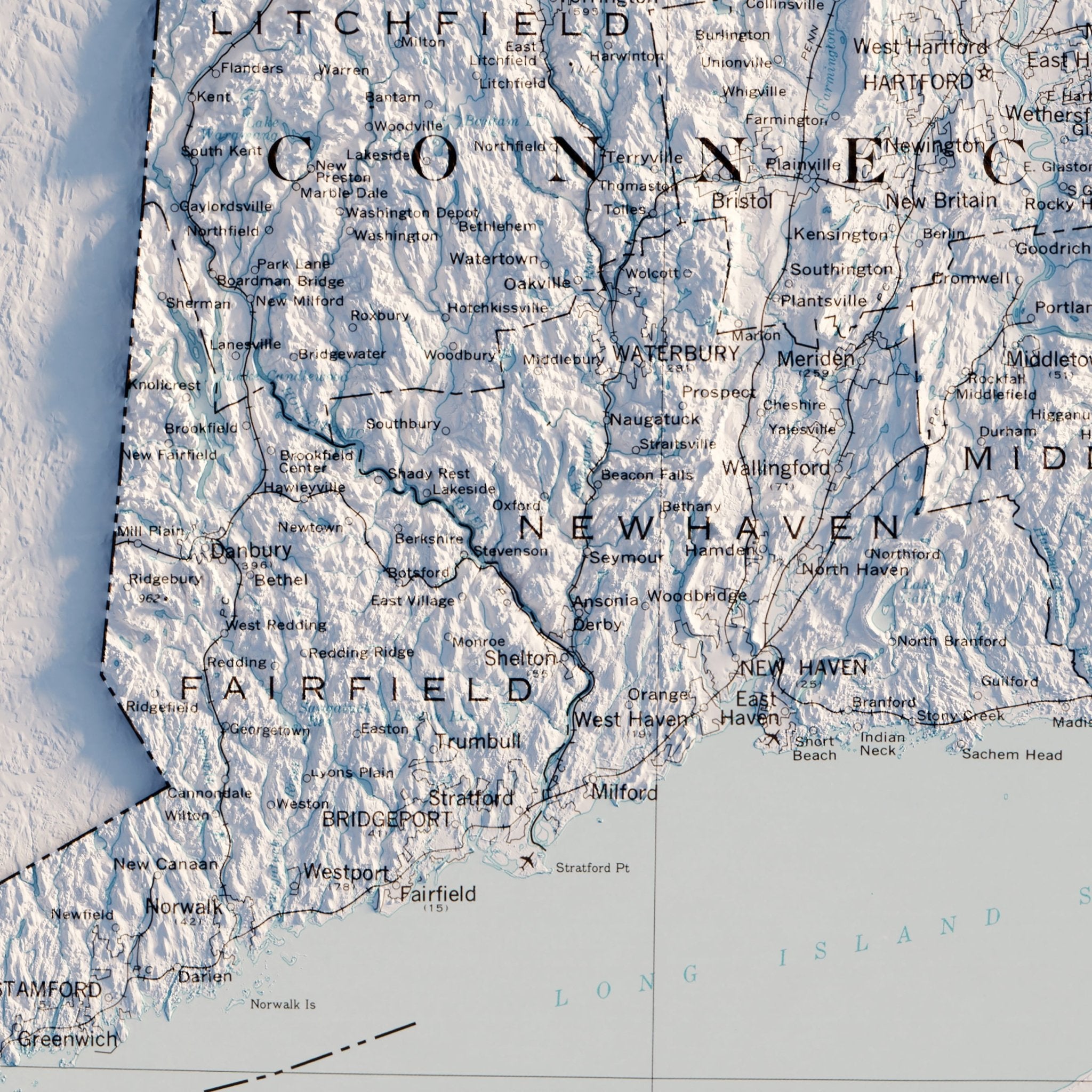 Massachusetts, Rhode Island, and Connecticut 1975 Shaded Relief Map - Muir Way - Vintage Relief