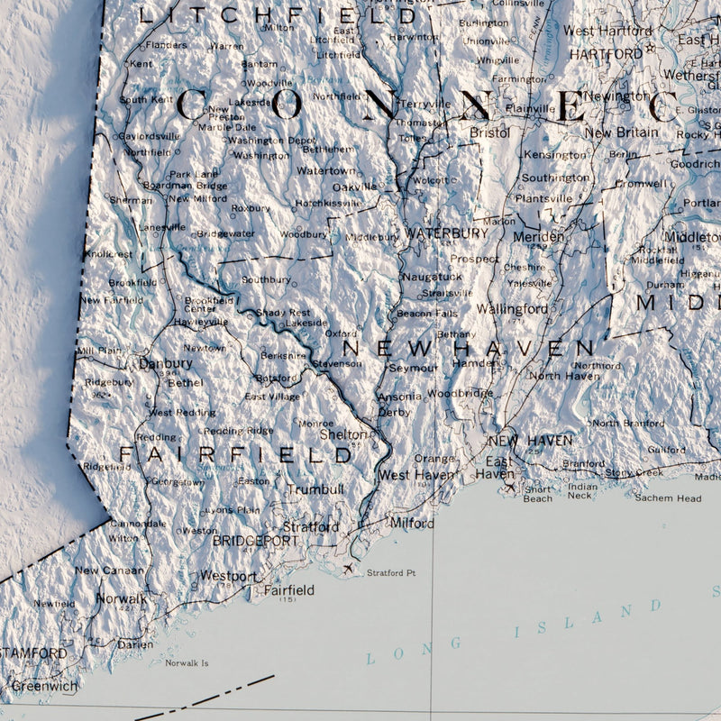 Massachusetts, Rhode Island, and Connecticut 1975 Shaded Relief Map - Muir Way - Vintage Relief
