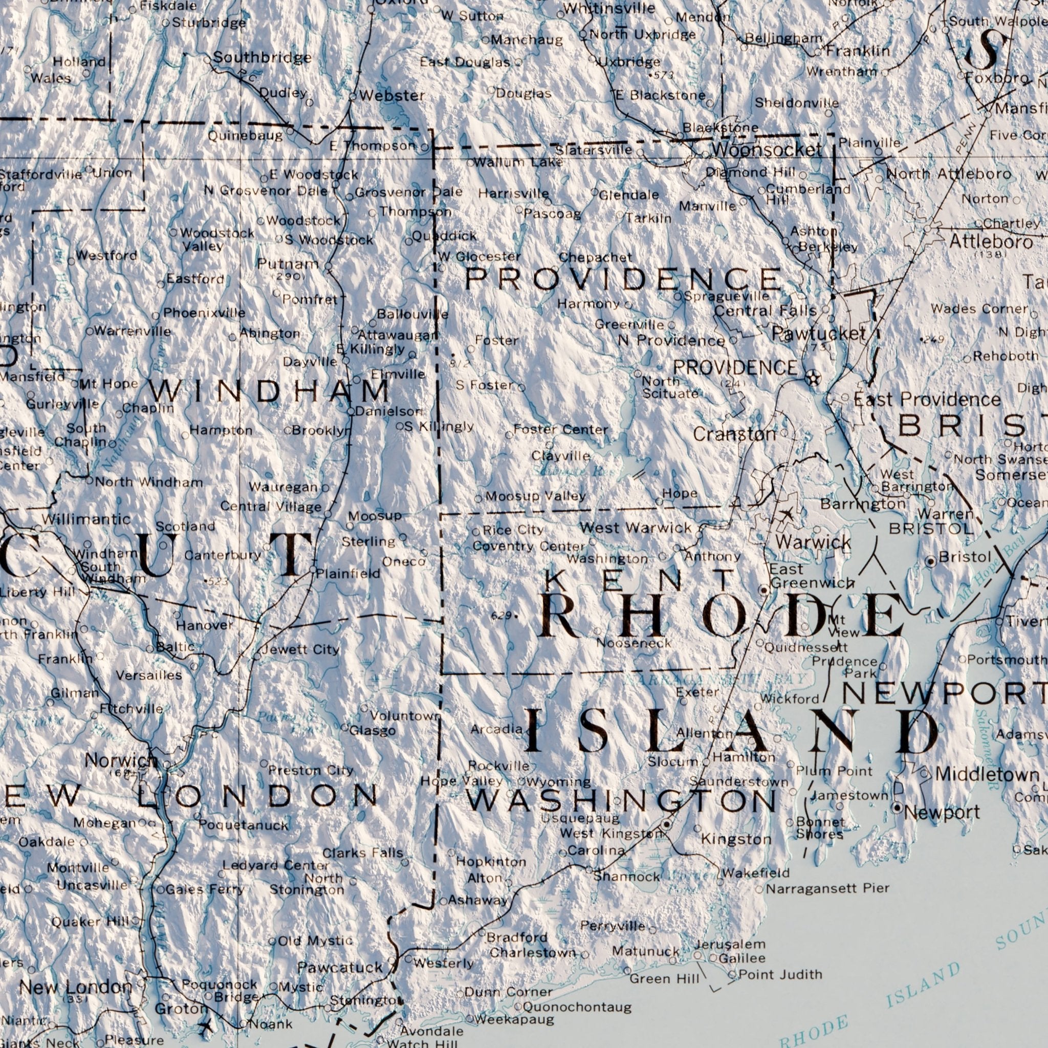Massachusetts, Rhode Island, and Connecticut 1975 Shaded Relief Map - Muir Way - Vintage Relief