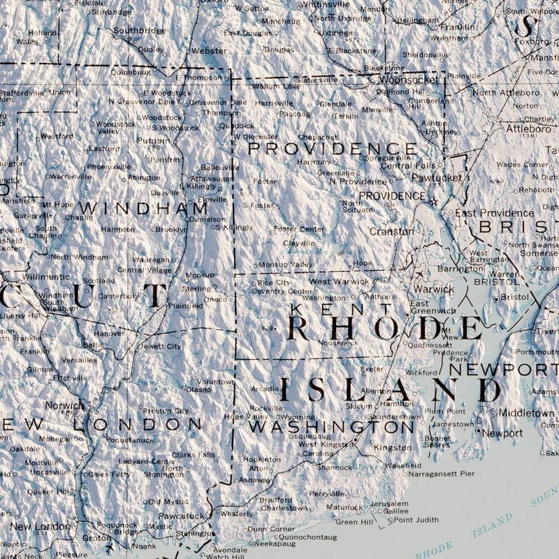 Massachusetts, Rhode Island, and Connecticut 1975 Shaded Relief Map - Muir Way - Vintage Relief