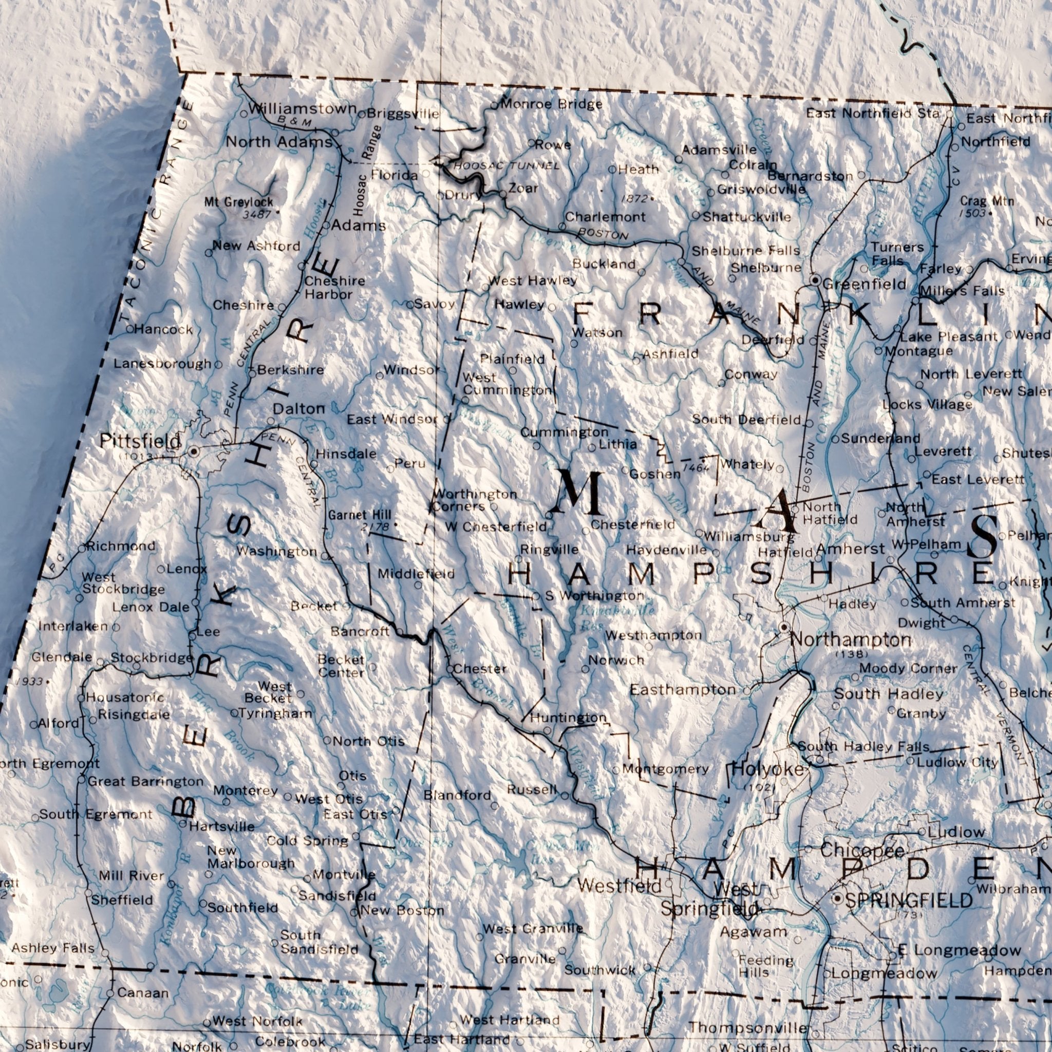 Massachusetts, Rhode Island, and Connecticut 1975 Shaded Relief Map - Muir Way - Vintage Relief