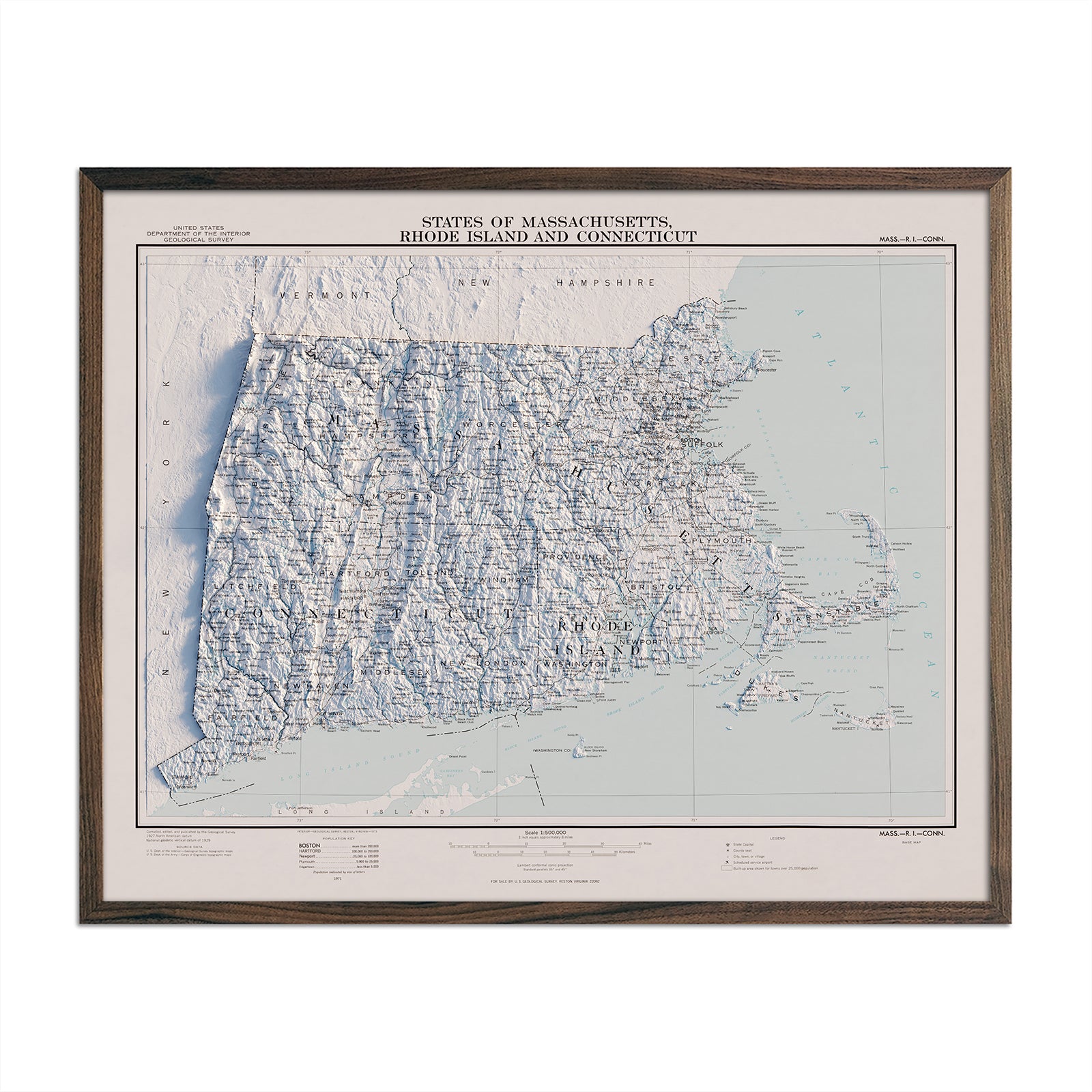Vintage Massachusetts, Rhode Island, & Connecticut Relief Map - 1975