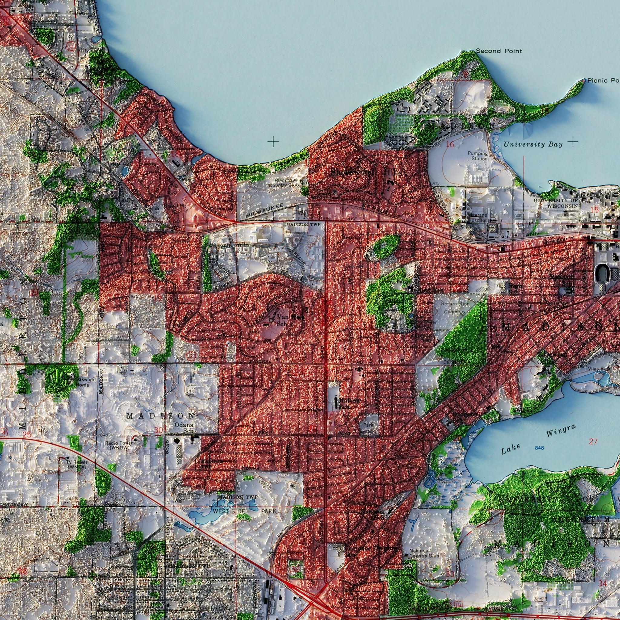 Madison, Wisconsin 1959 Shaded Relief Map - Muir Way - Vintage Relief