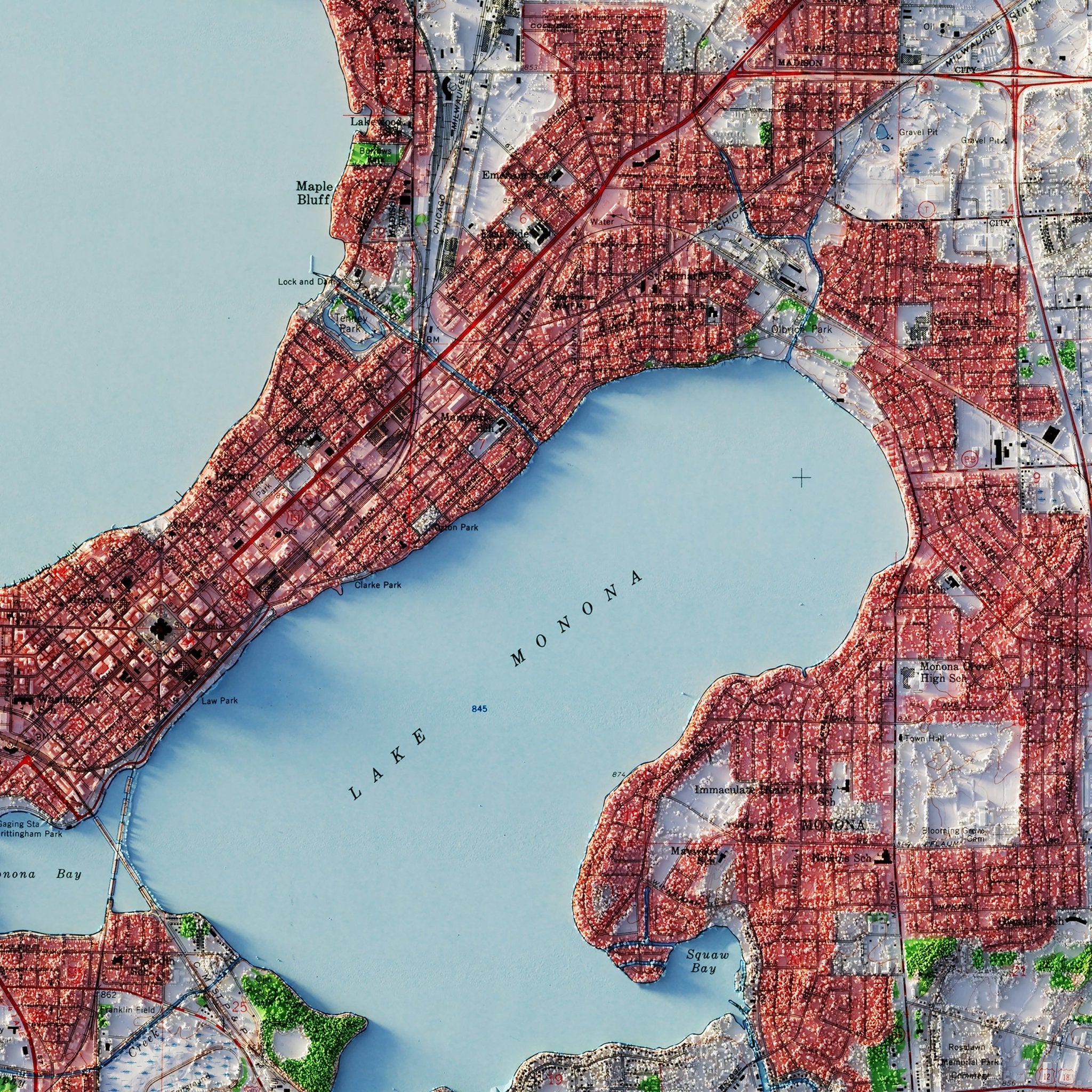 Madison, Wisconsin 1959 Shaded Relief Map - Muir Way - Vintage Relief
