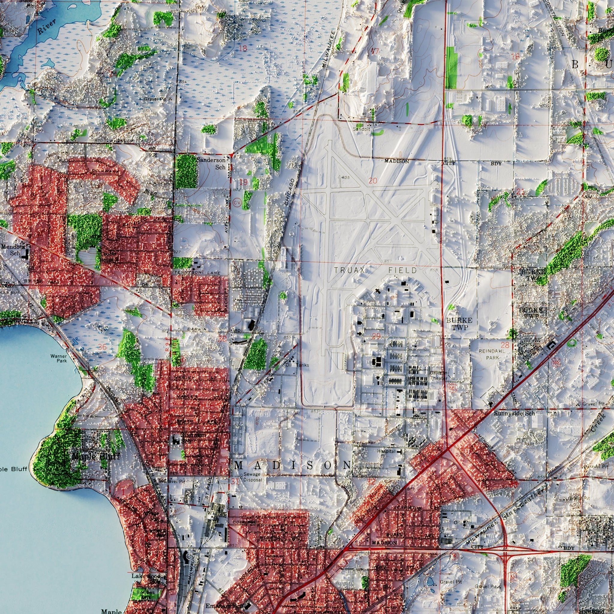 Madison, Wisconsin 1959 Shaded Relief Map - Muir Way - Vintage Relief