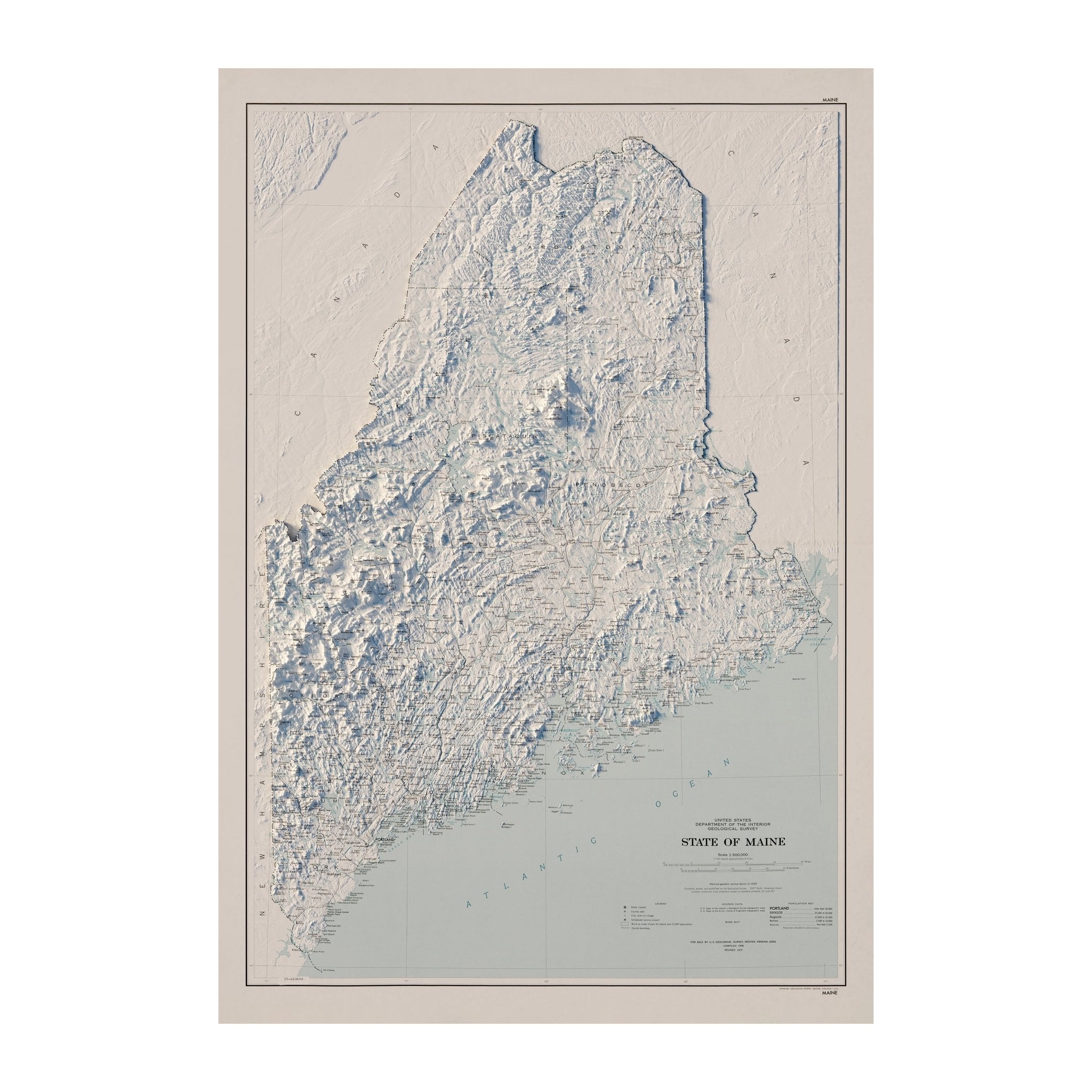 Maine 1976 Shaded Relief Map - Muir Way - Vintage Relief