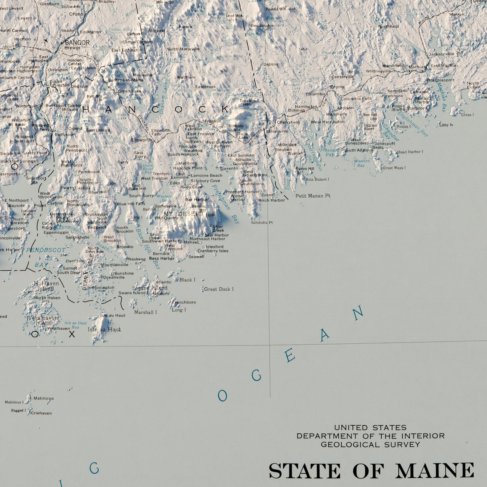 Maine 1976 Shaded Relief Map - Muir Way - Vintage Relief