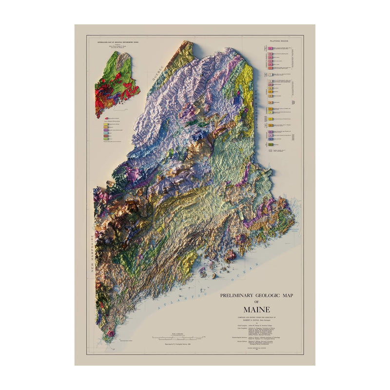 Maine 1967 Shaded Relief Map - Muir Way - Vintage Relief