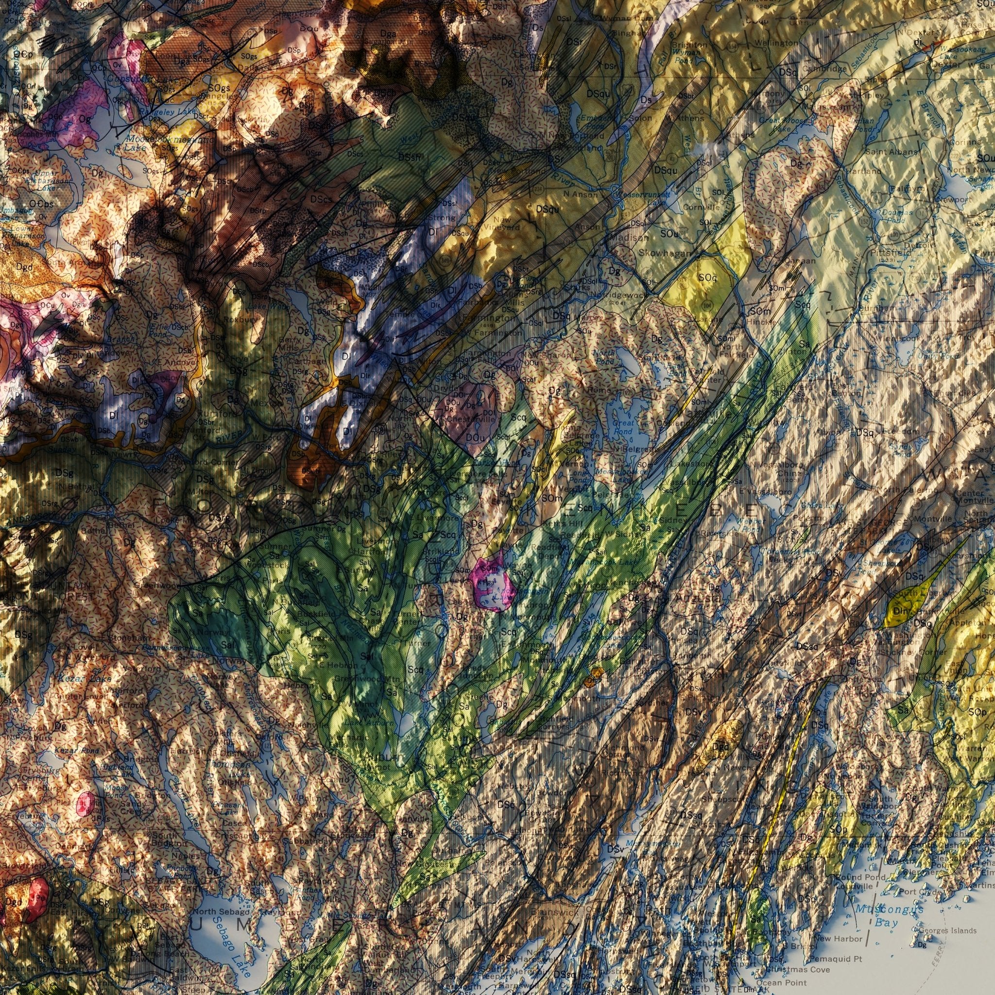 Maine 1967 Shaded Relief Map - Muir Way - Vintage Relief
