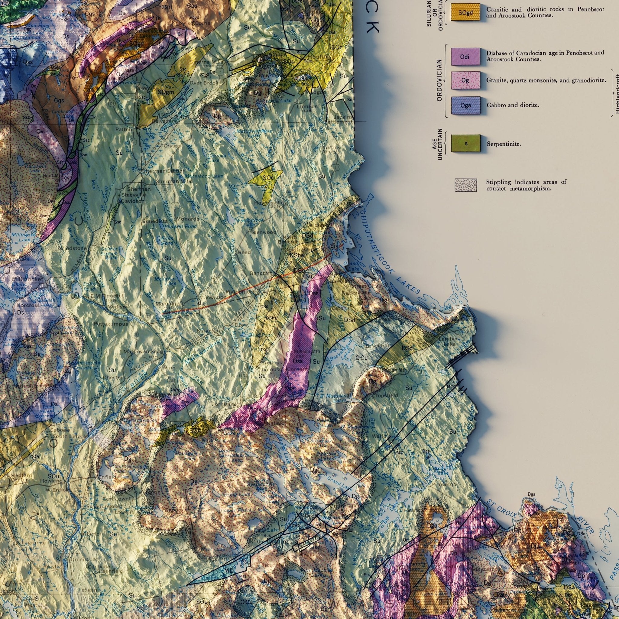 Maine 1967 Shaded Relief Map - Muir Way - Vintage Relief