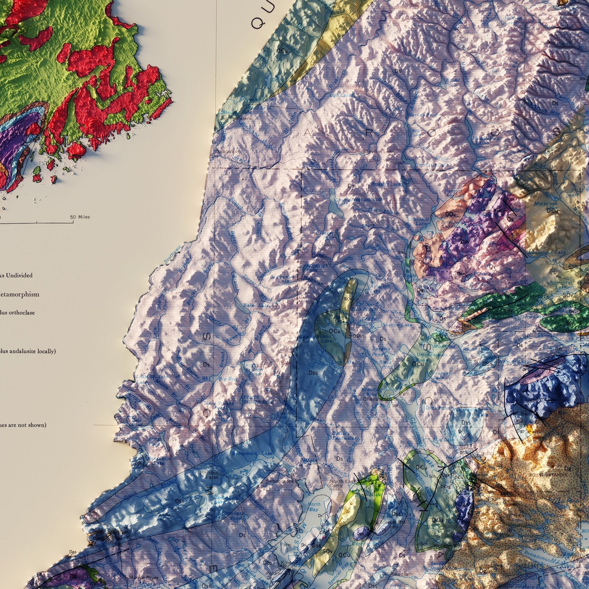 Maine 1967 Shaded Relief Map - Muir Way - Vintage Relief