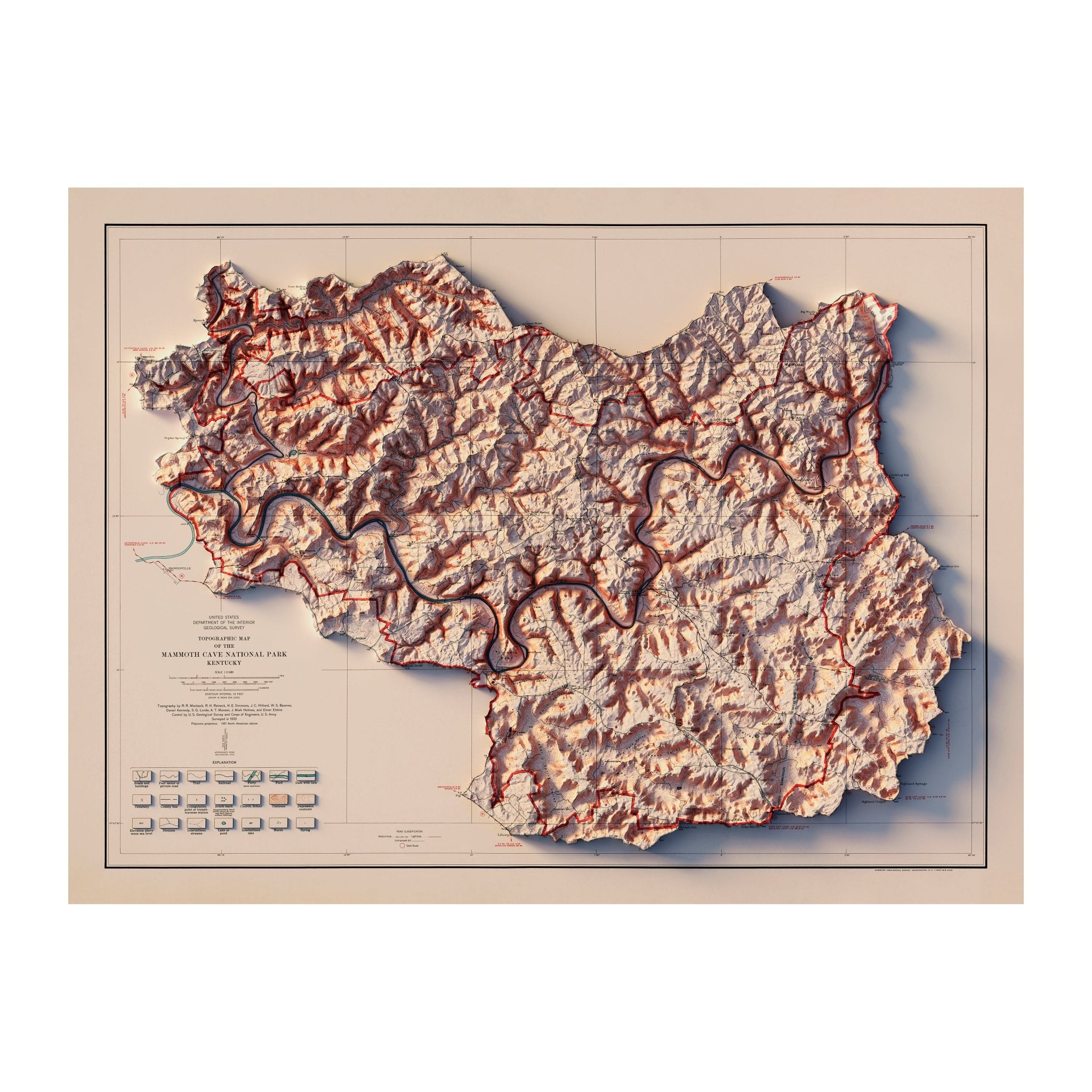 Mammoth Cave National Park 1930 Shaded Relief Map - Muir Way - Vintage Relief