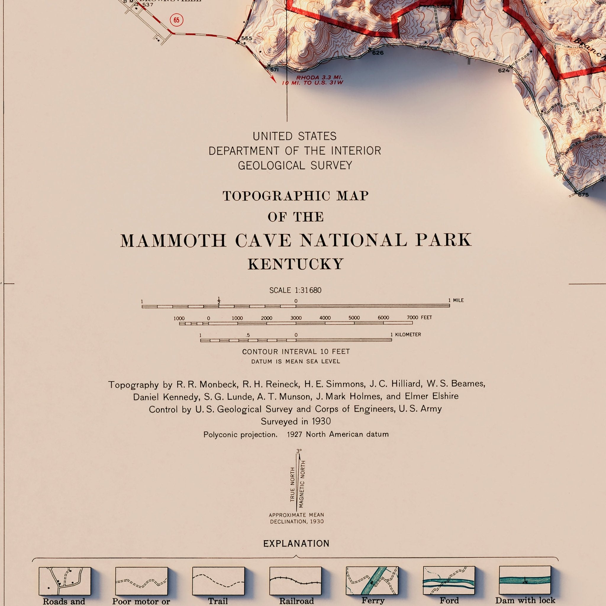 Mammoth Cave National Park 1930 Shaded Relief Map - Muir Way - Vintage Relief