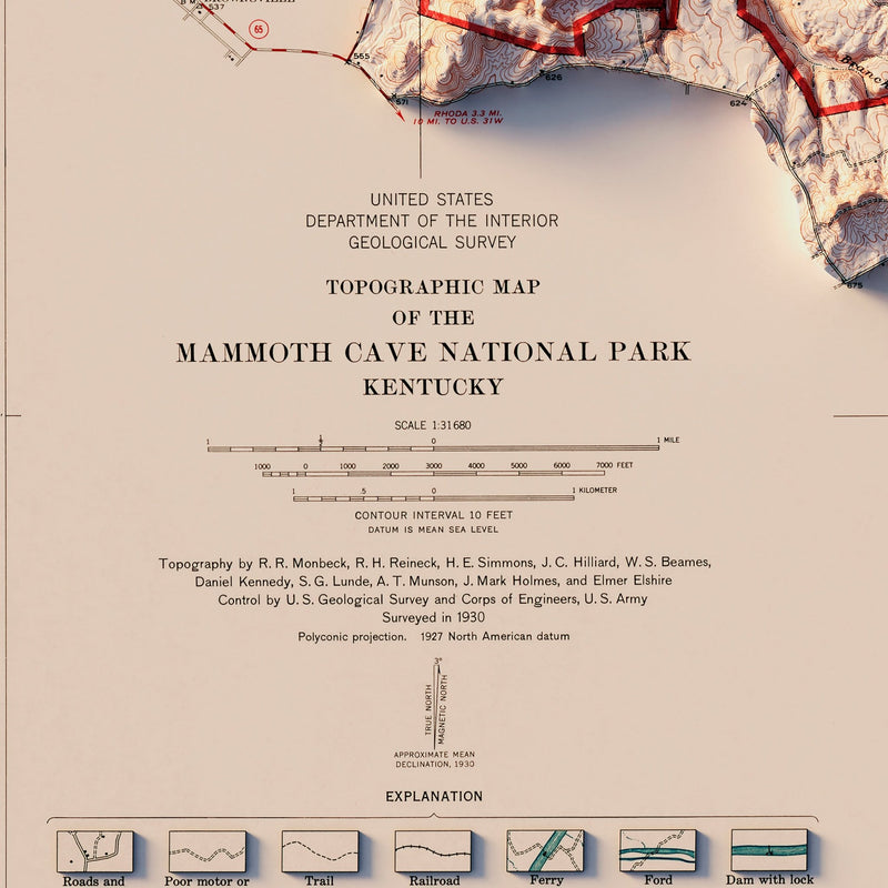 Mammoth Cave National Park 1930 Shaded Relief Map - Muir Way - Vintage Relief