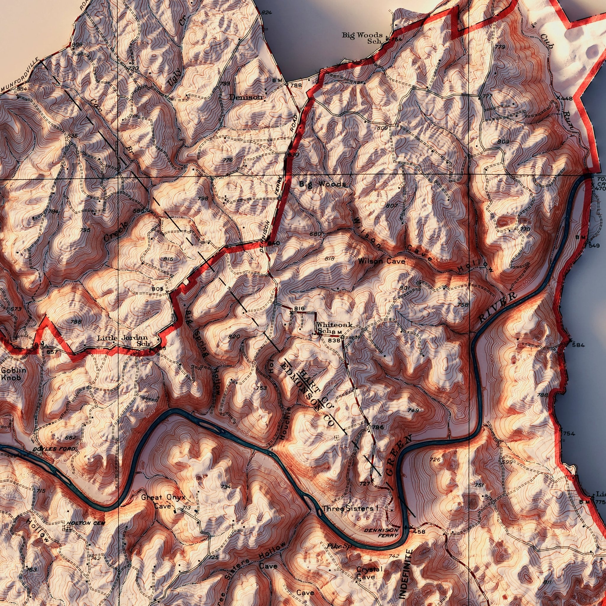 Mammoth Cave National Park 1930 Shaded Relief Map - Muir Way - Vintage Relief