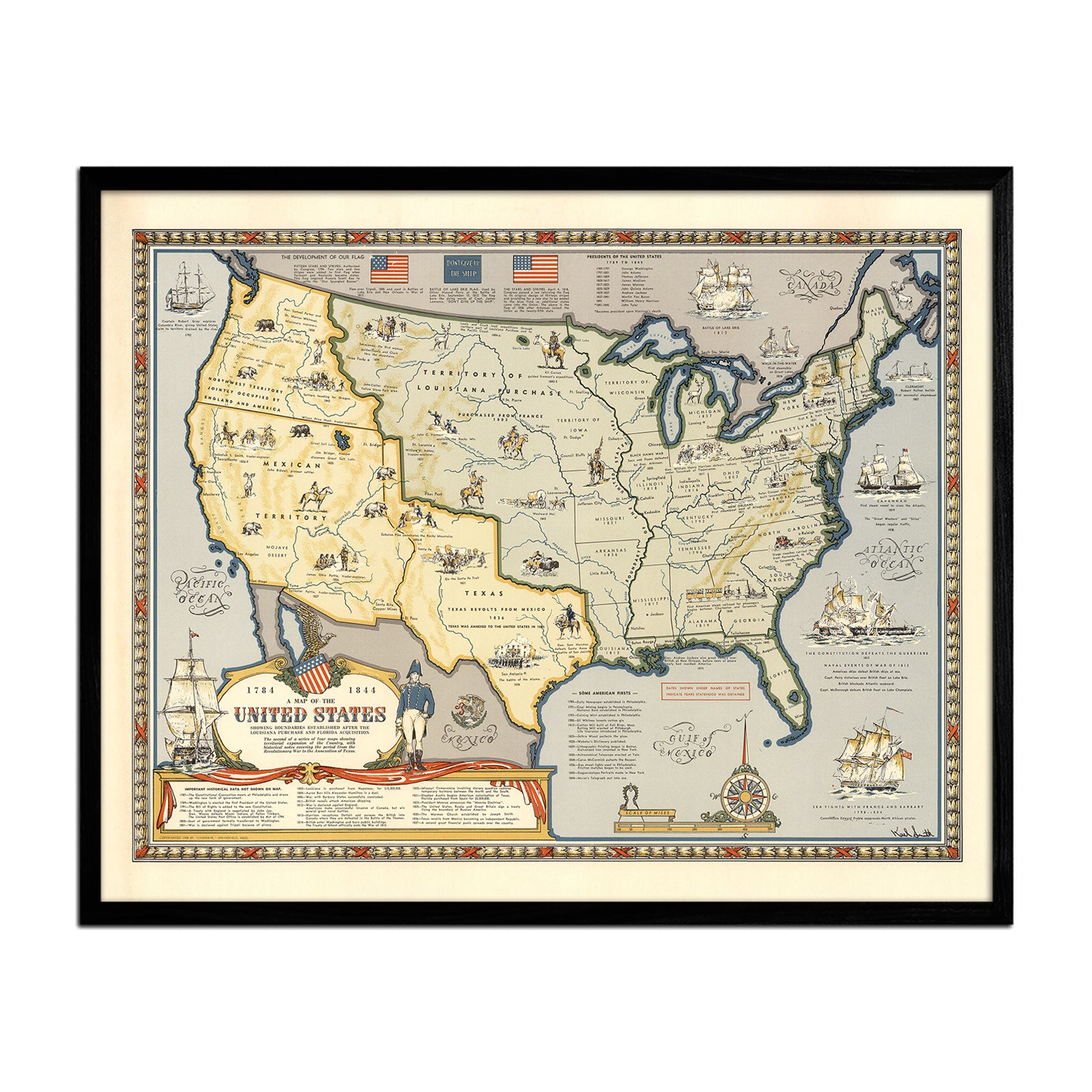 Map of the United States Showing Boundaries 1844 - Muir Way - Vintage Map
