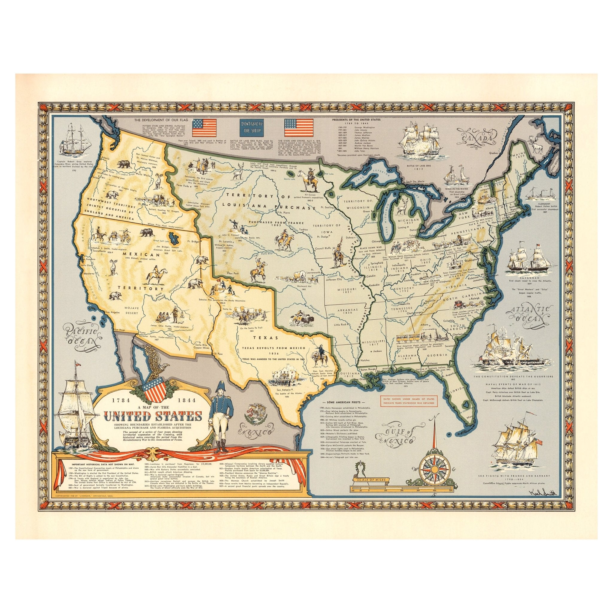 Map of the United States Showing Boundaries 1844 - Muir Way - Vintage Map