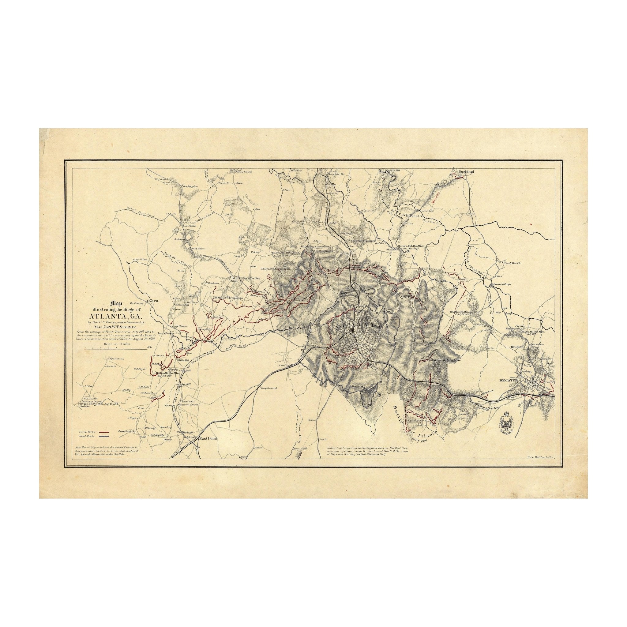 Map Illustrating Siege of Atlanta, GA - Muir Way - Vintage Map