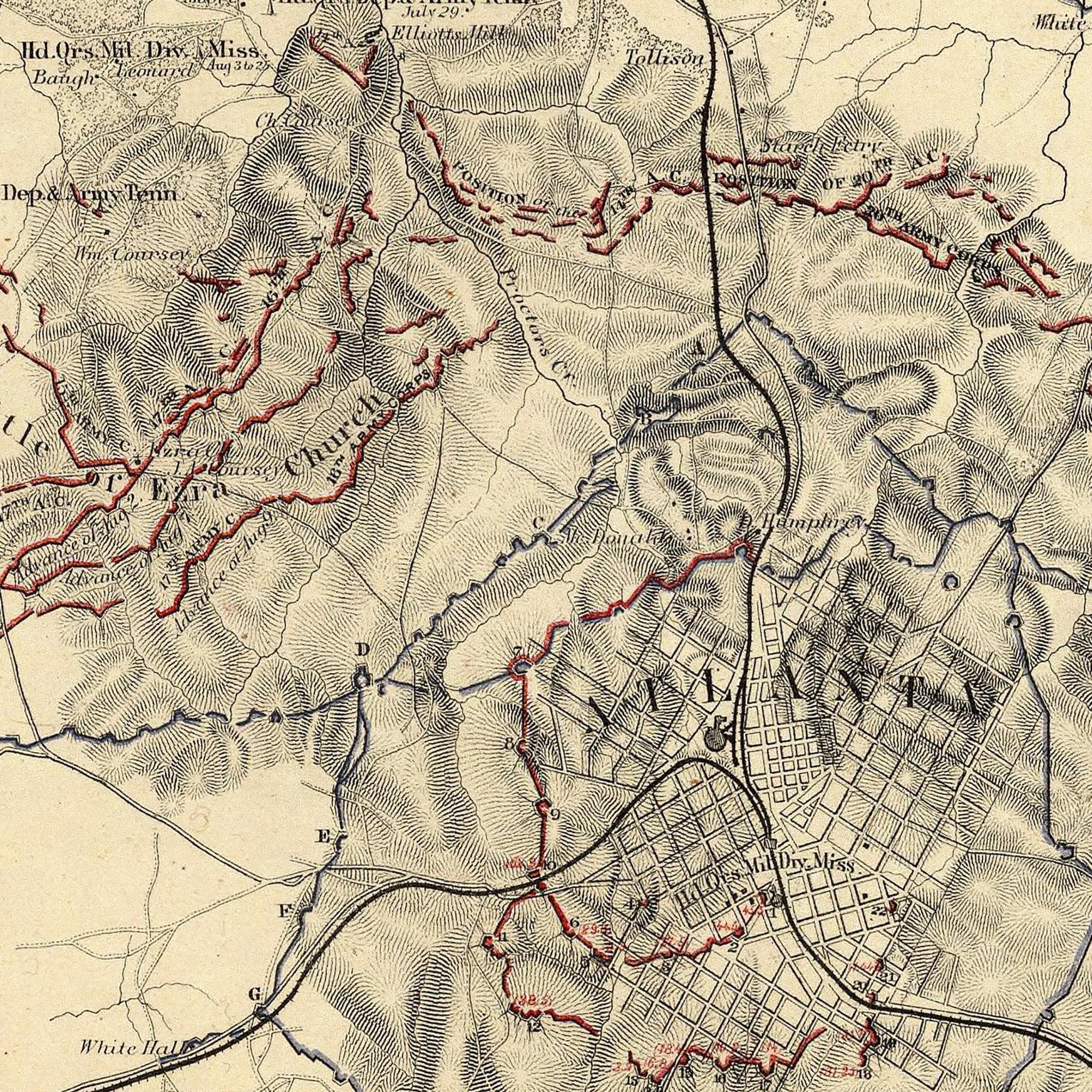 Map Illustrating Siege of Atlanta, GA - Muir Way - Vintage Map