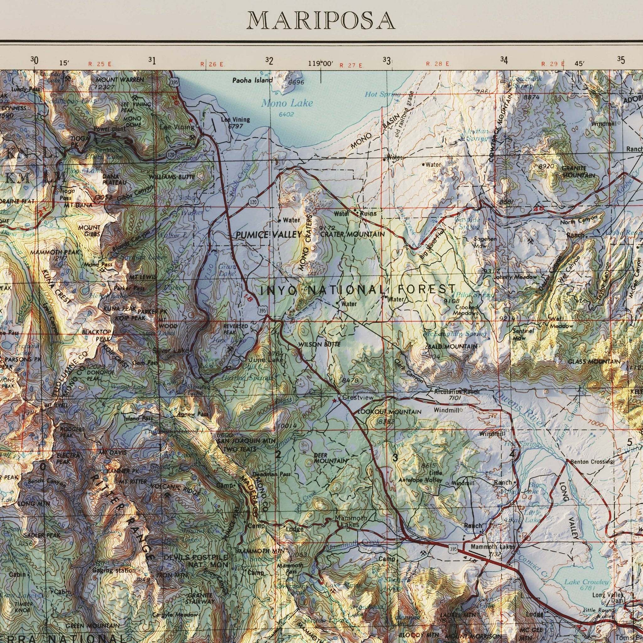 Mariposa, CA 1957 Shaded Relief Map - Muir Way - Vintage Relief