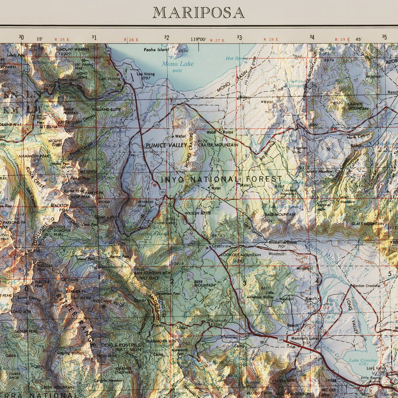 Mariposa, CA 1957 Shaded Relief Map - Muir Way - Vintage Relief