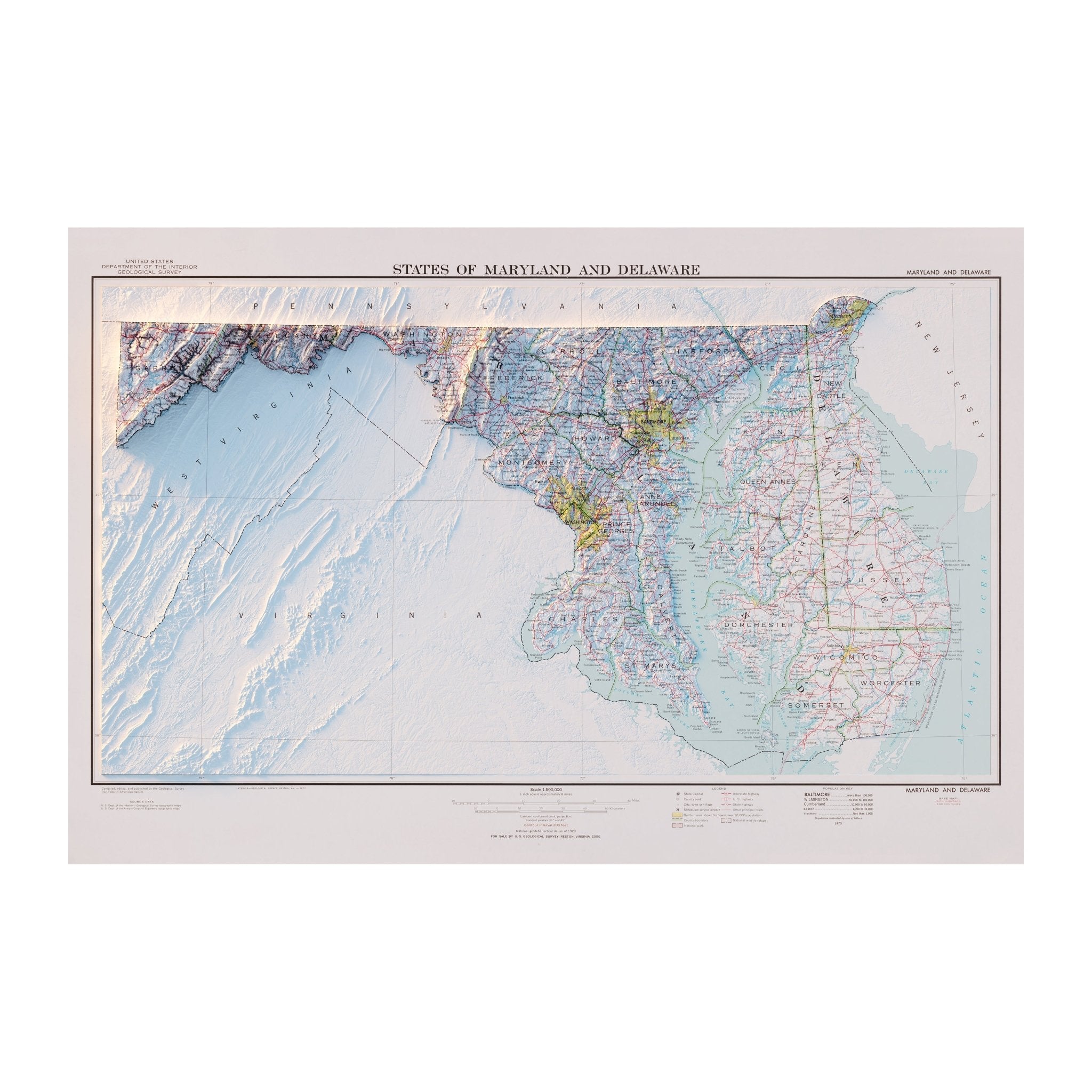 Maryland and Delaware 1973 Shaded Relief Map - Muir Way - Vintage Relief