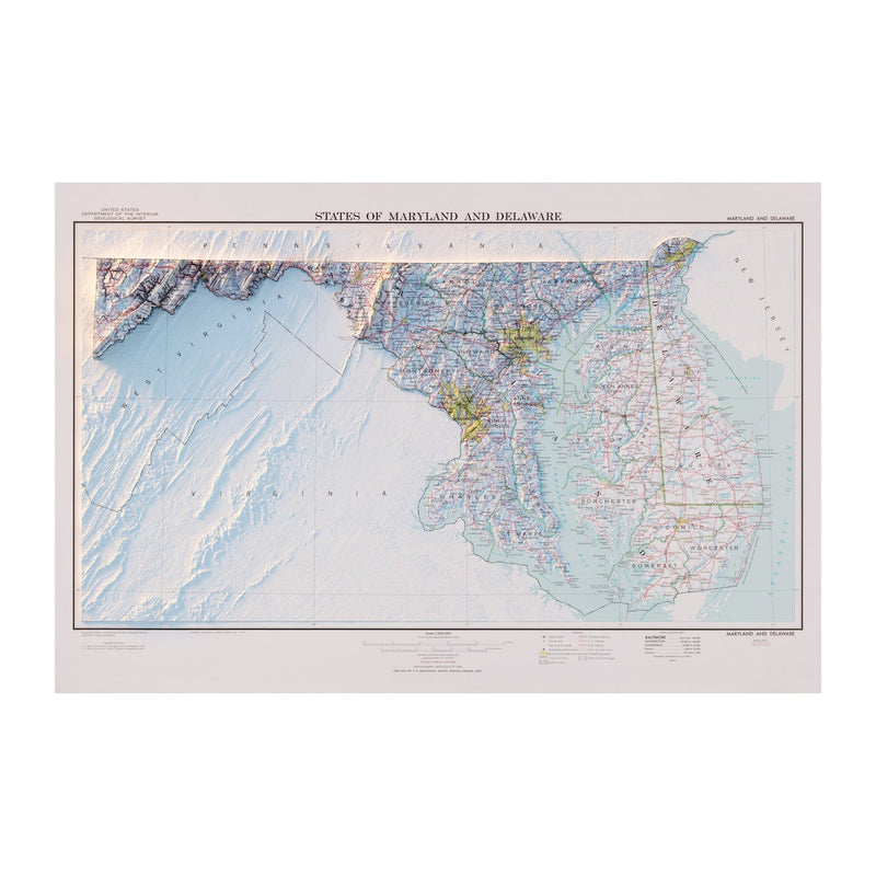 Maryland and Delaware 1973 Shaded Relief Map - Muir Way - Vintage Relief