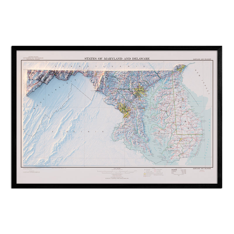 Maryland and Delaware 1973 Shaded Relief Map - Muir Way - Vintage Relief