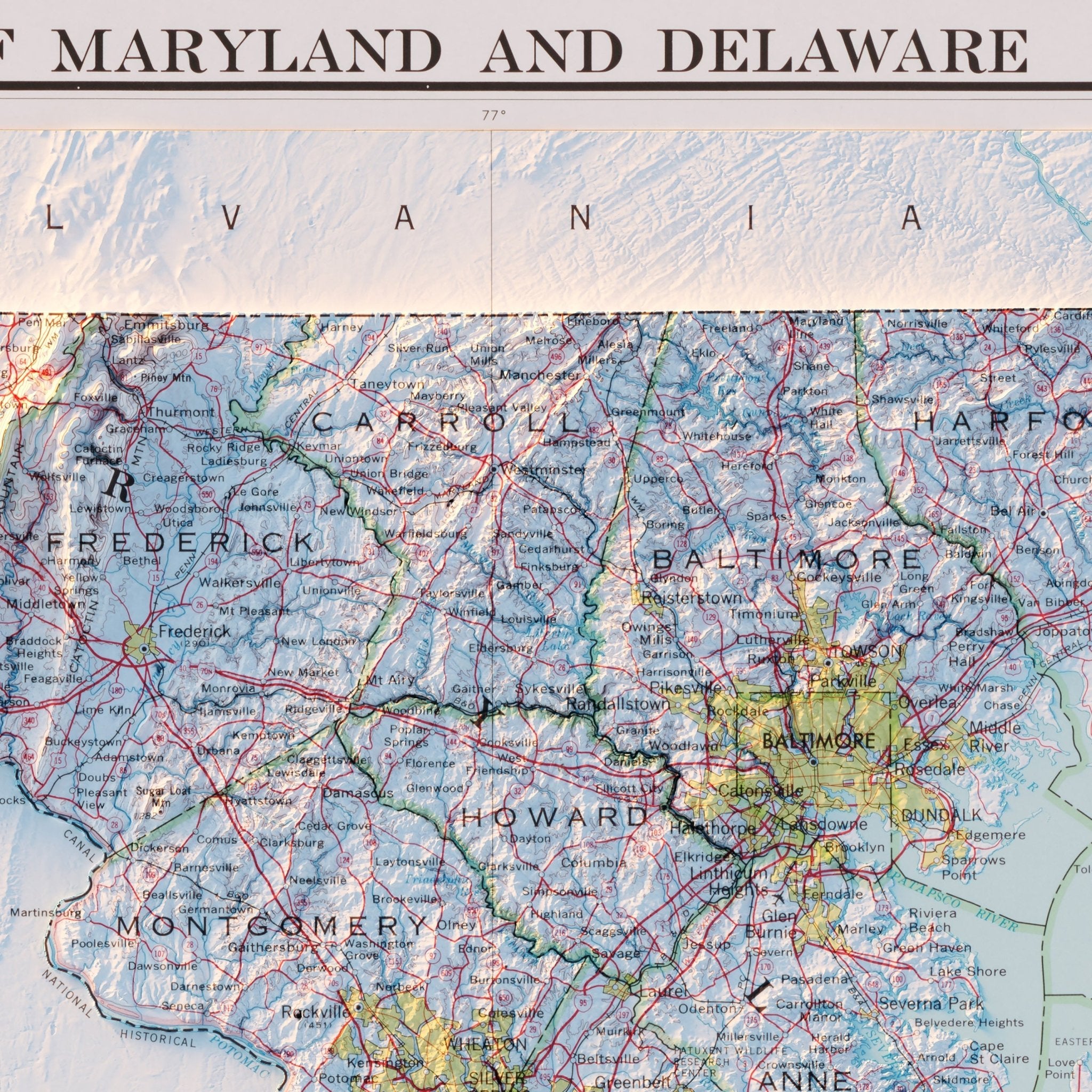 Maryland and Delaware 1973 Shaded Relief Map - Muir Way - Vintage Relief