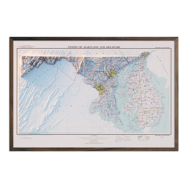 Maryland and Delaware 1973 Shaded Relief Map - Muir Way - Vintage Relief