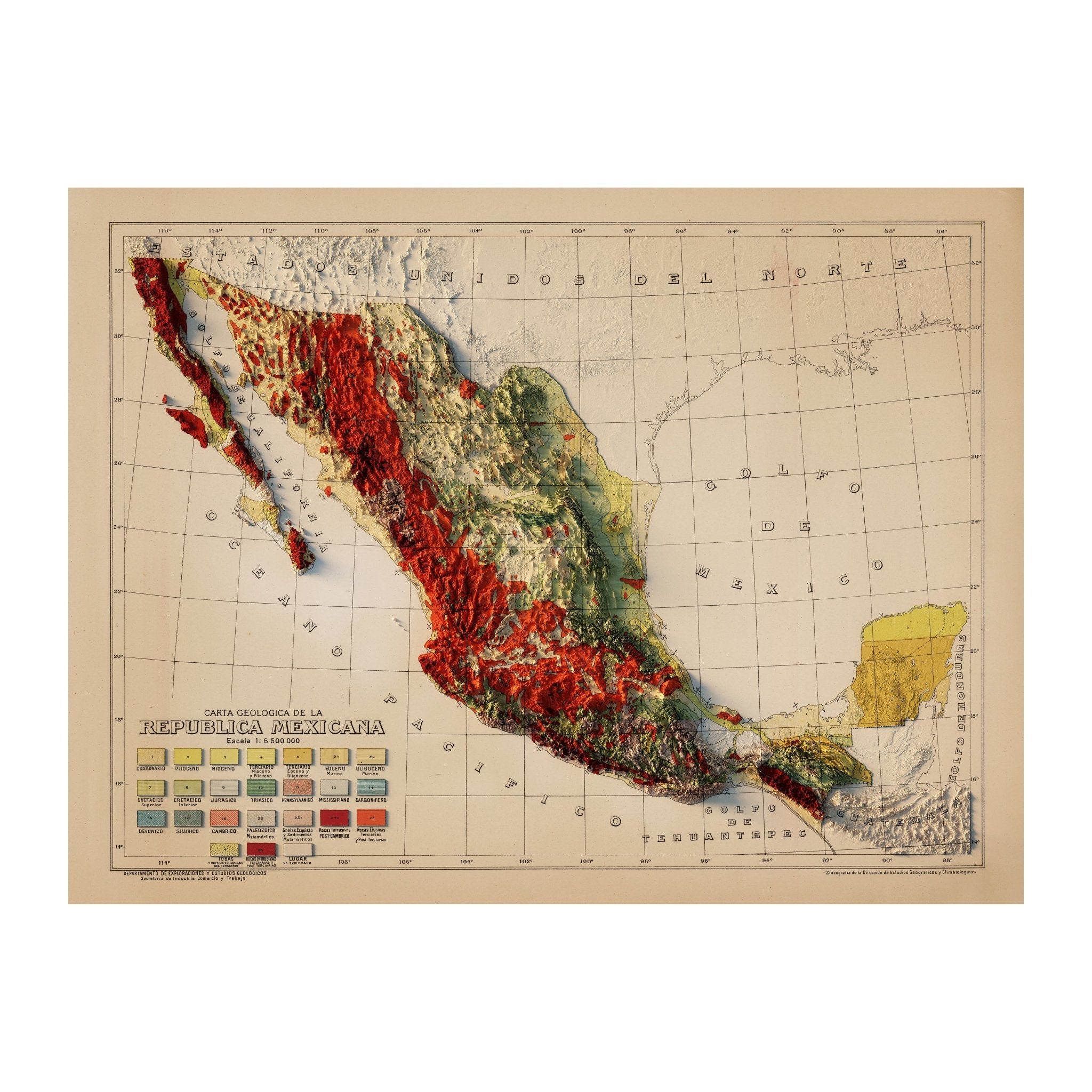 Mexico 1921 Shaded Relief Map - Muir Way - Vintage Relief
