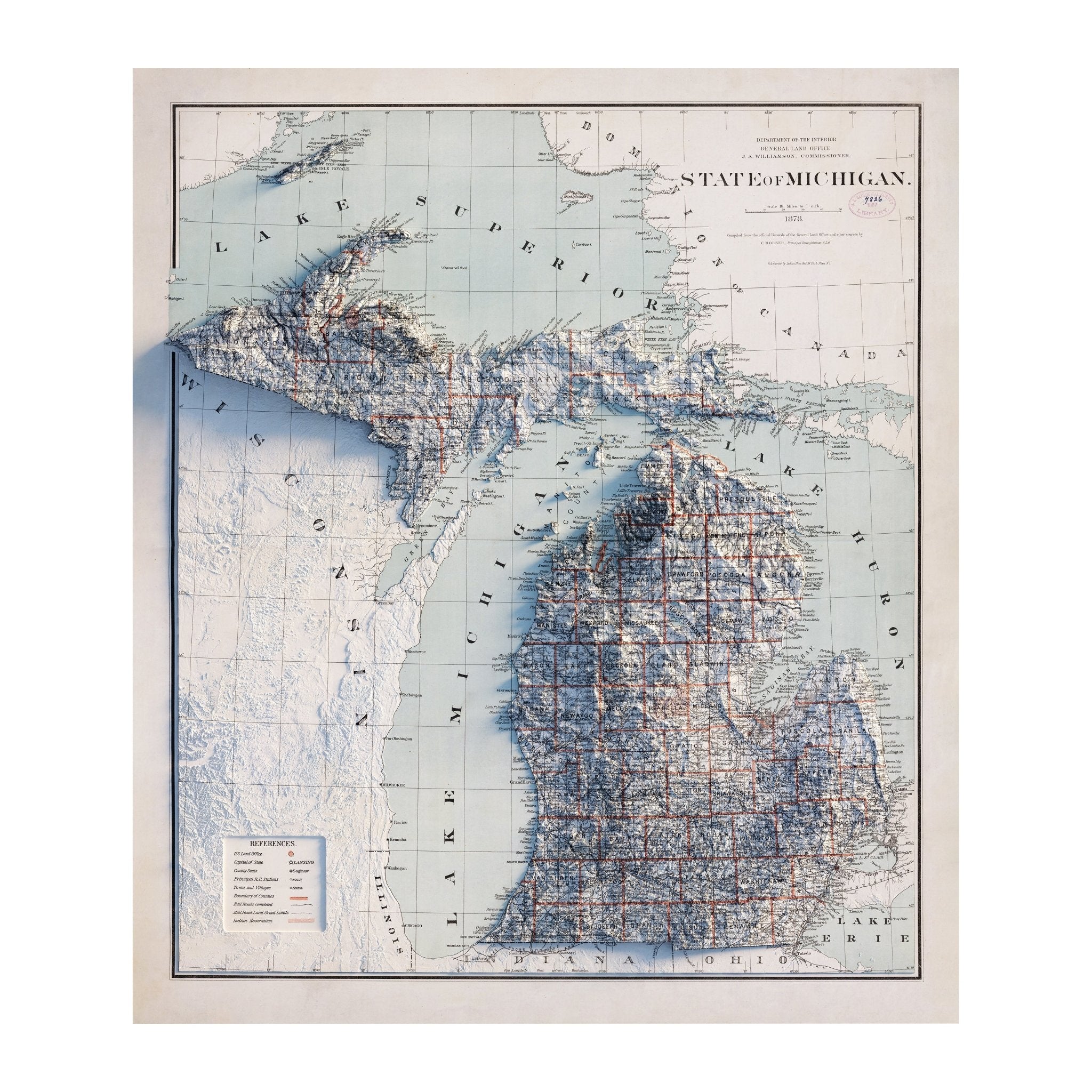 Michigan 1878 Shaded Relief Map - Muir Way - Vintage Relief