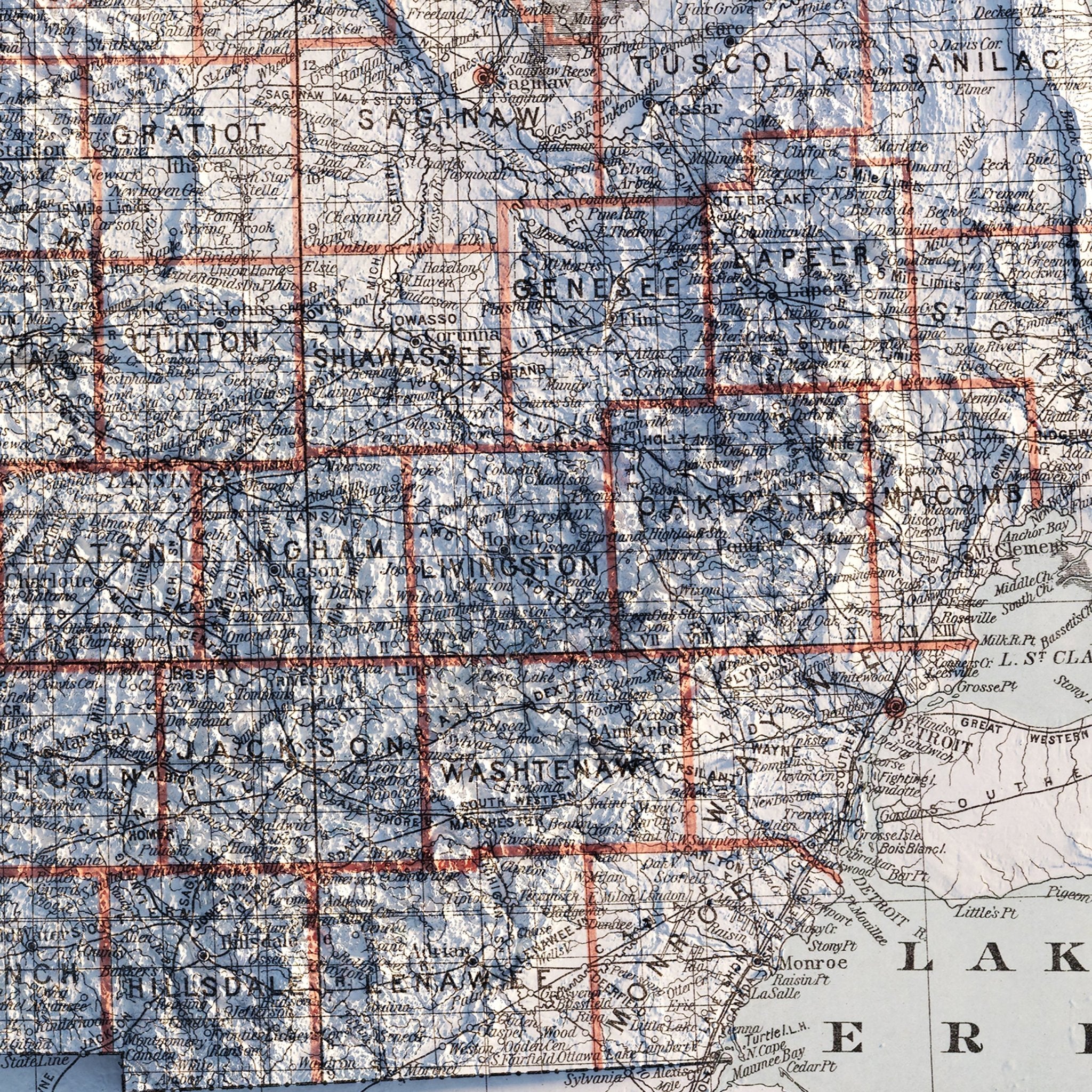 Michigan 1878 Shaded Relief Map - Muir Way - Vintage Relief
