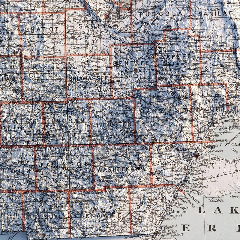 Michigan 1878 Shaded Relief Map - Muir Way - Vintage Relief