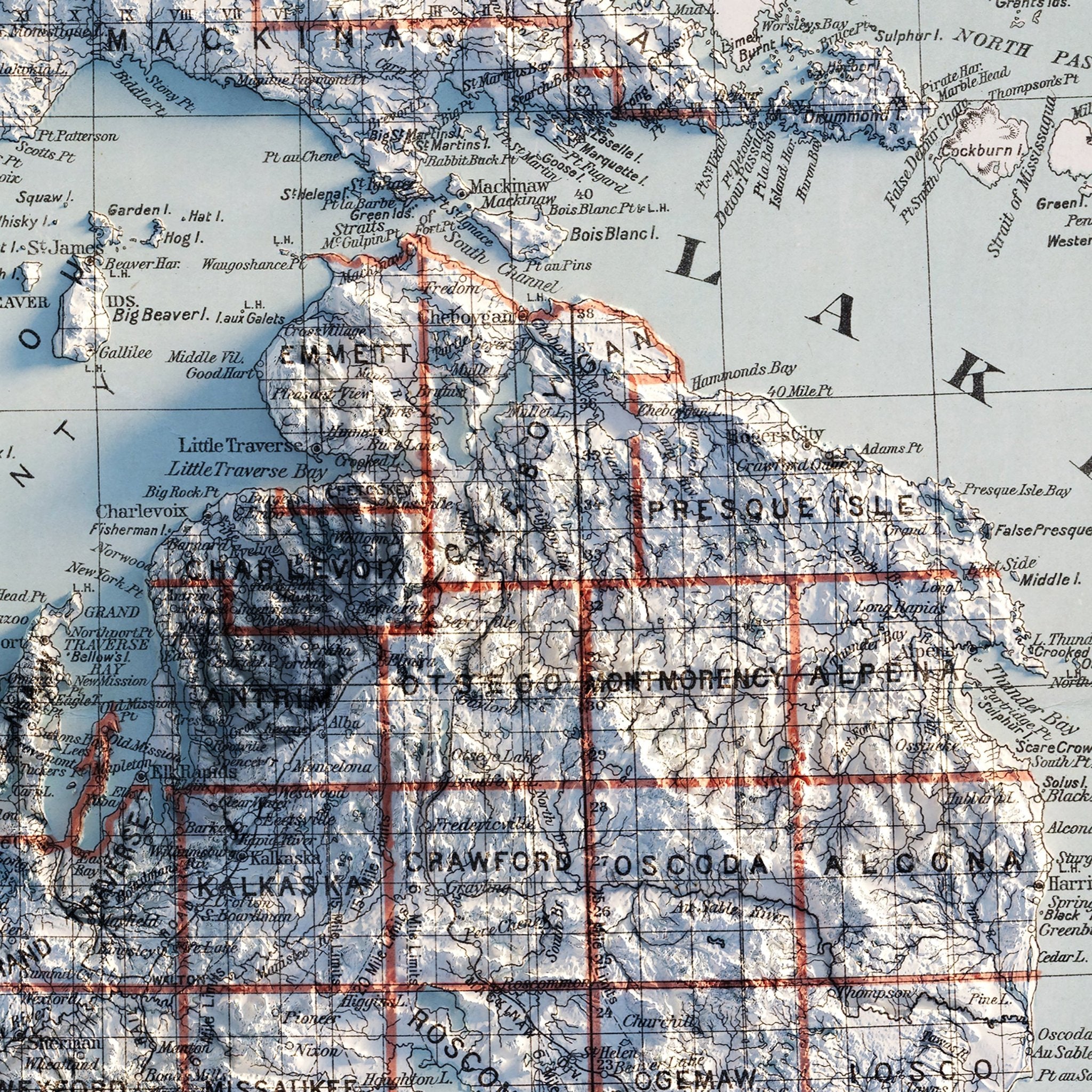 Michigan 1878 Shaded Relief Map - Muir Way - Vintage Relief