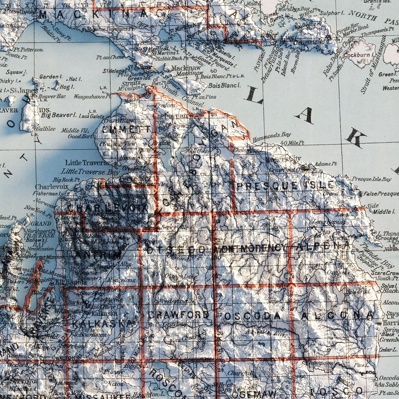 Michigan 1878 Shaded Relief Map - Muir Way - Vintage Relief