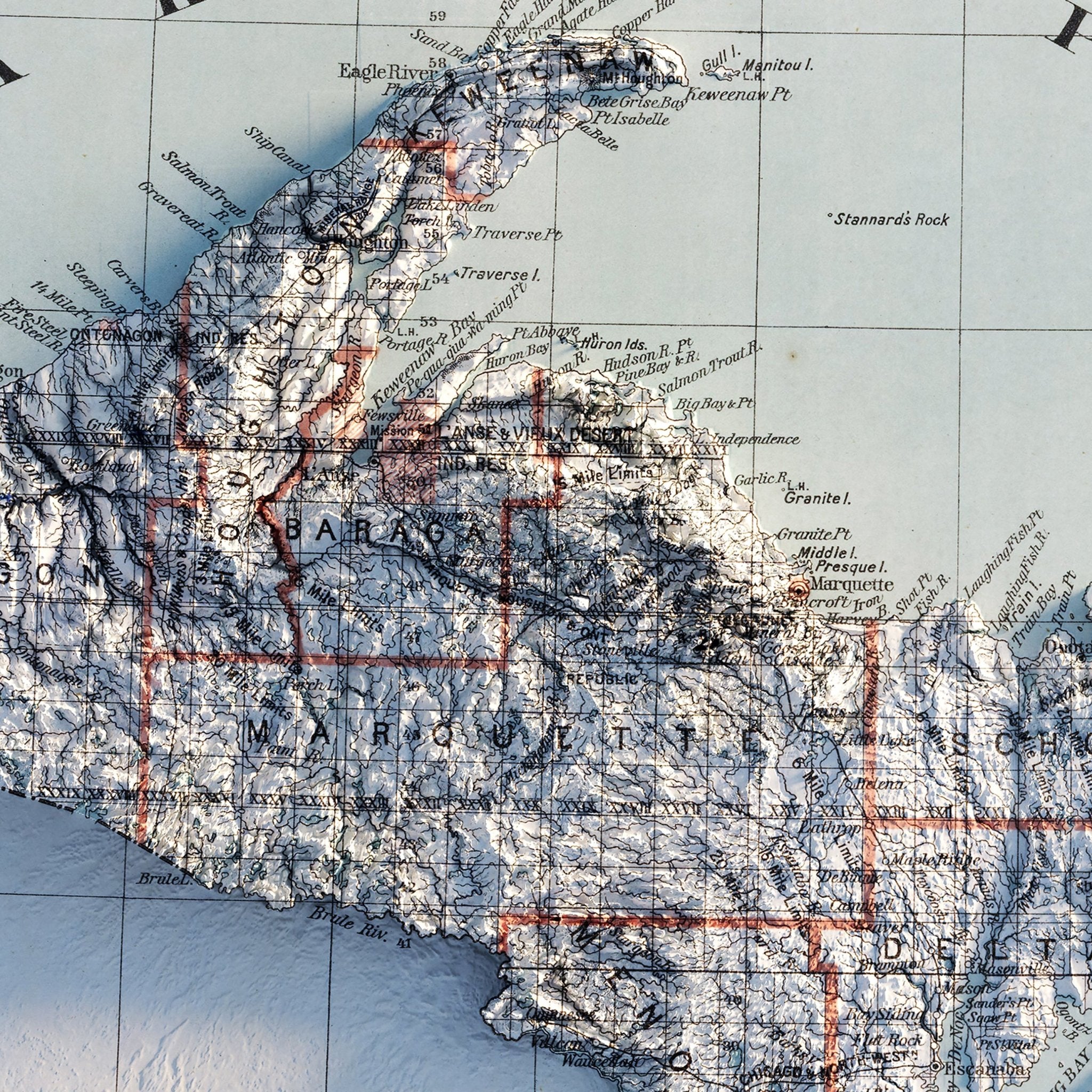 Michigan 1878 Shaded Relief Map - Muir Way - Vintage Relief