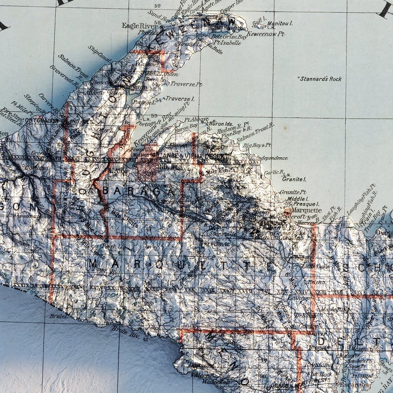 Michigan 1878 Shaded Relief Map - Muir Way - Vintage Relief