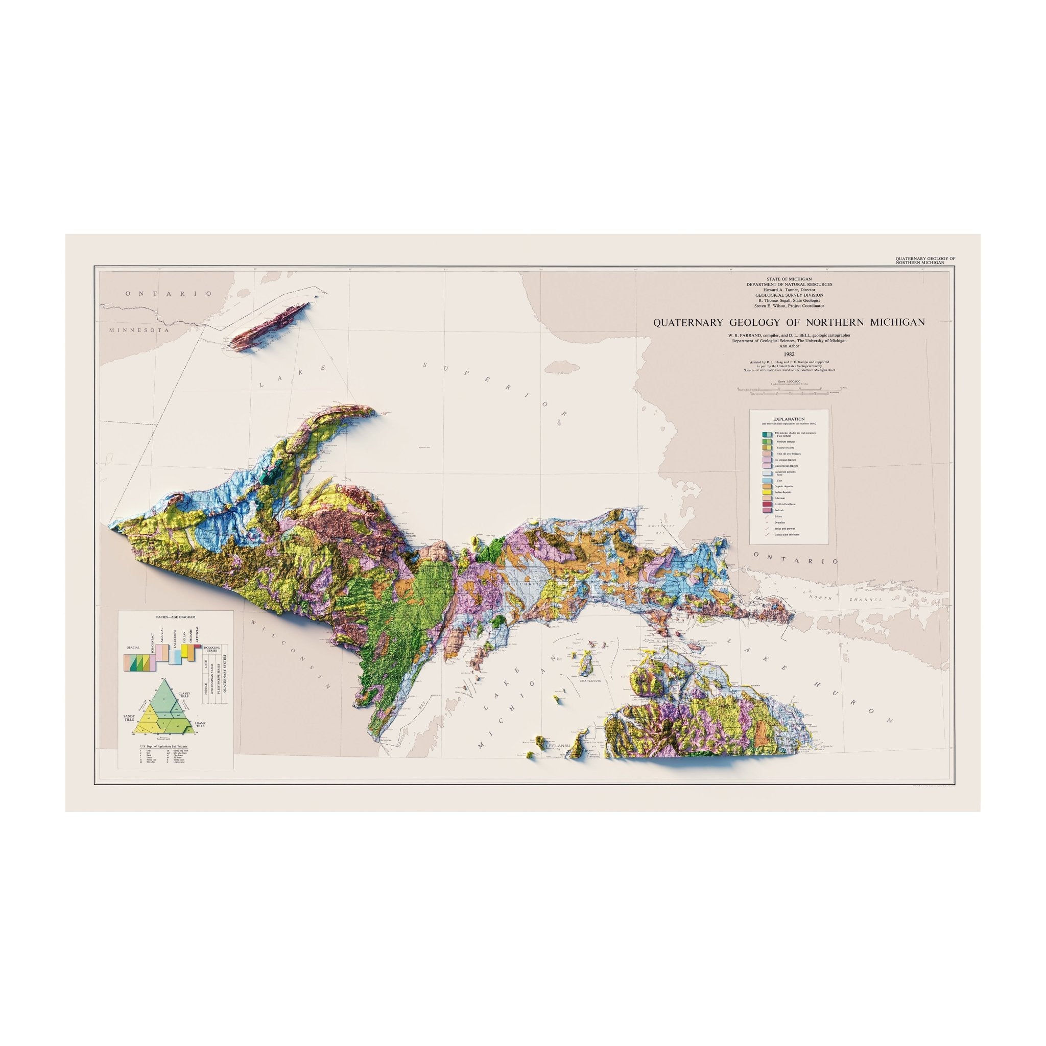Michigan, Upper Peninsula 1982 Shaded Relief Map - Muir Way - Vintage Relief
