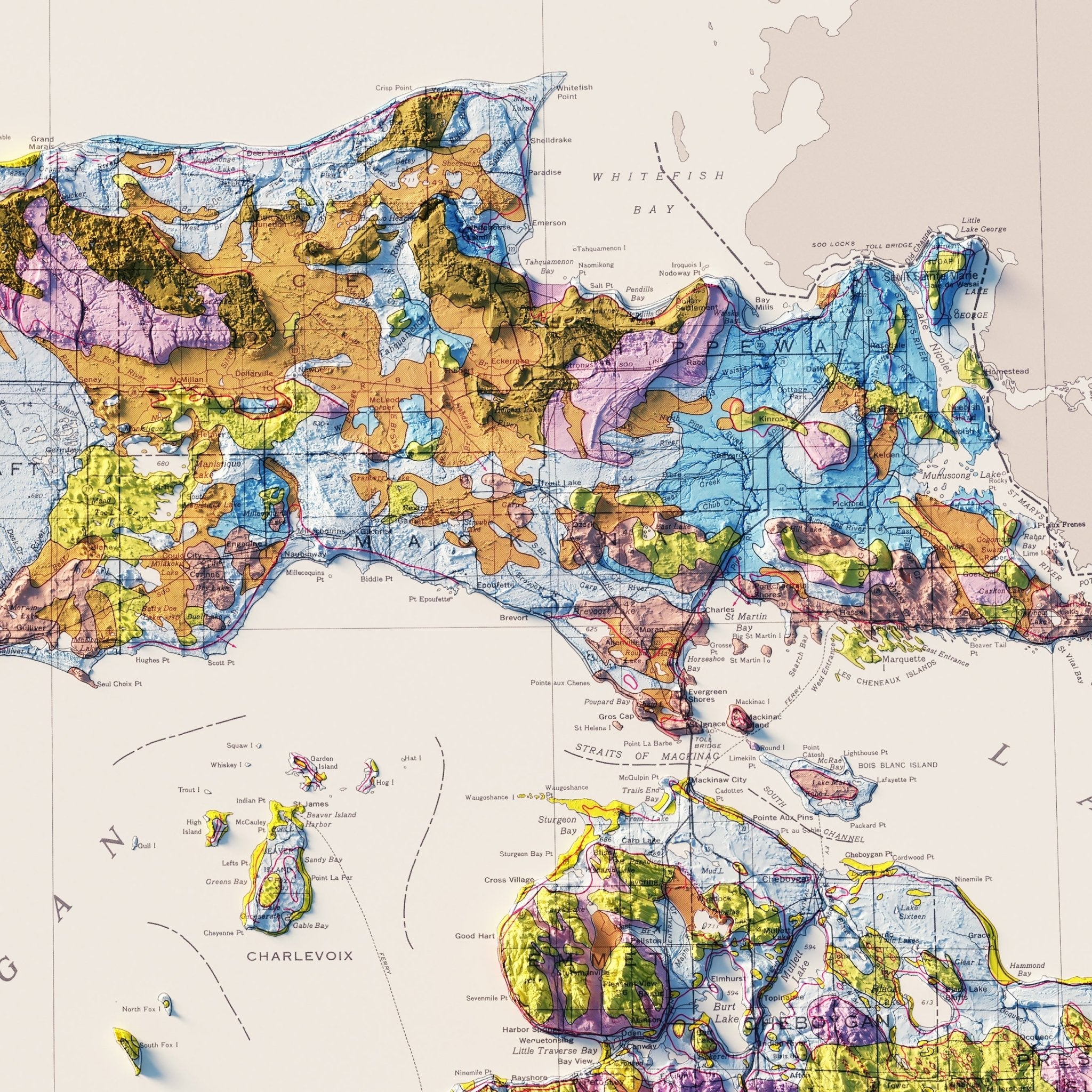 Michigan, Upper Peninsula 1982 Shaded Relief Map - Muir Way - Vintage Relief