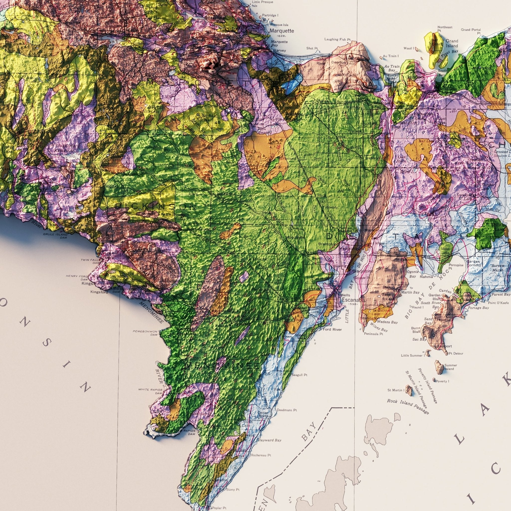 Michigan, Upper Peninsula 1982 Shaded Relief Map - Muir Way - Vintage Relief