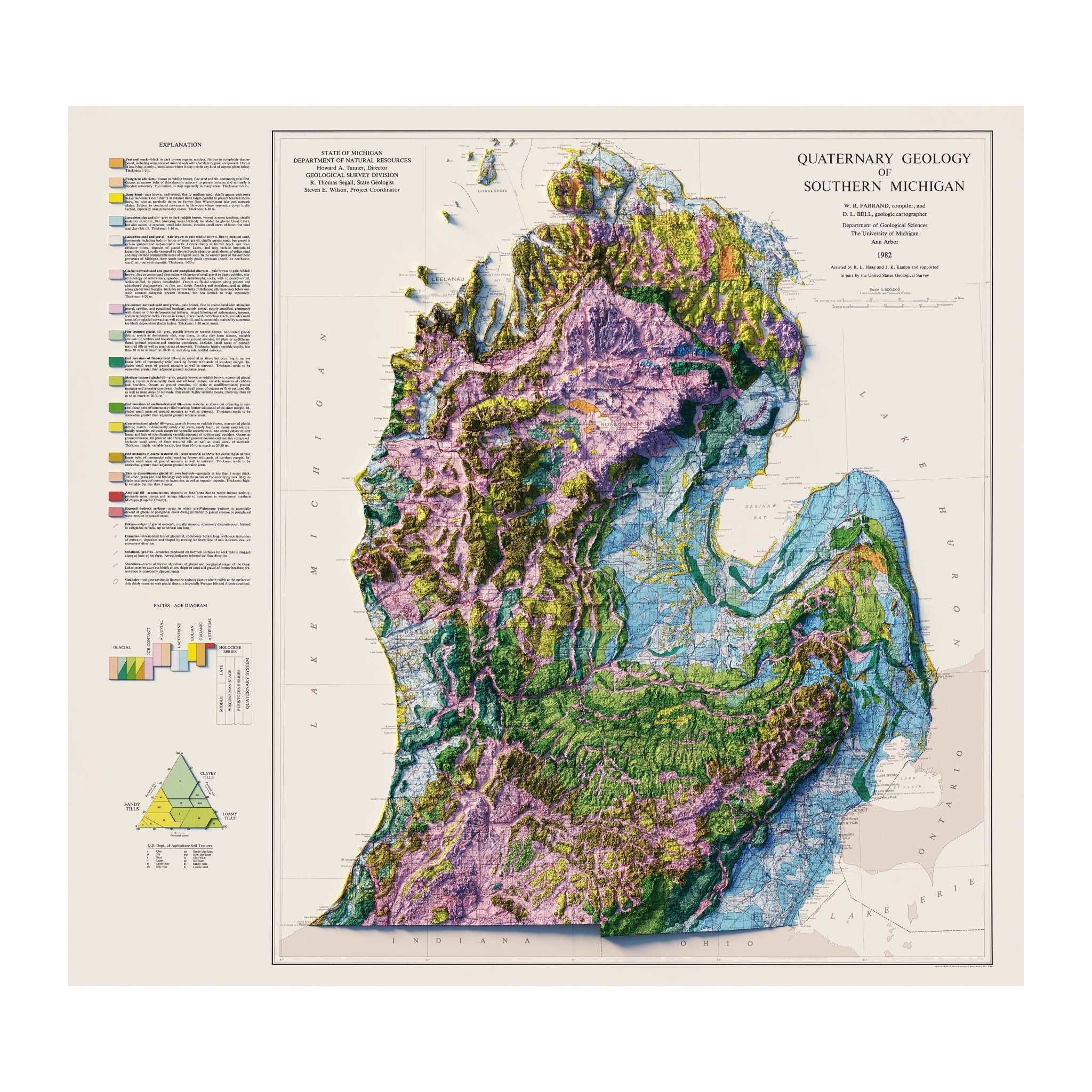 Michigan, Lower Peninsula 1982 Shaded Relief Map - Muir Way - Vintage Relief