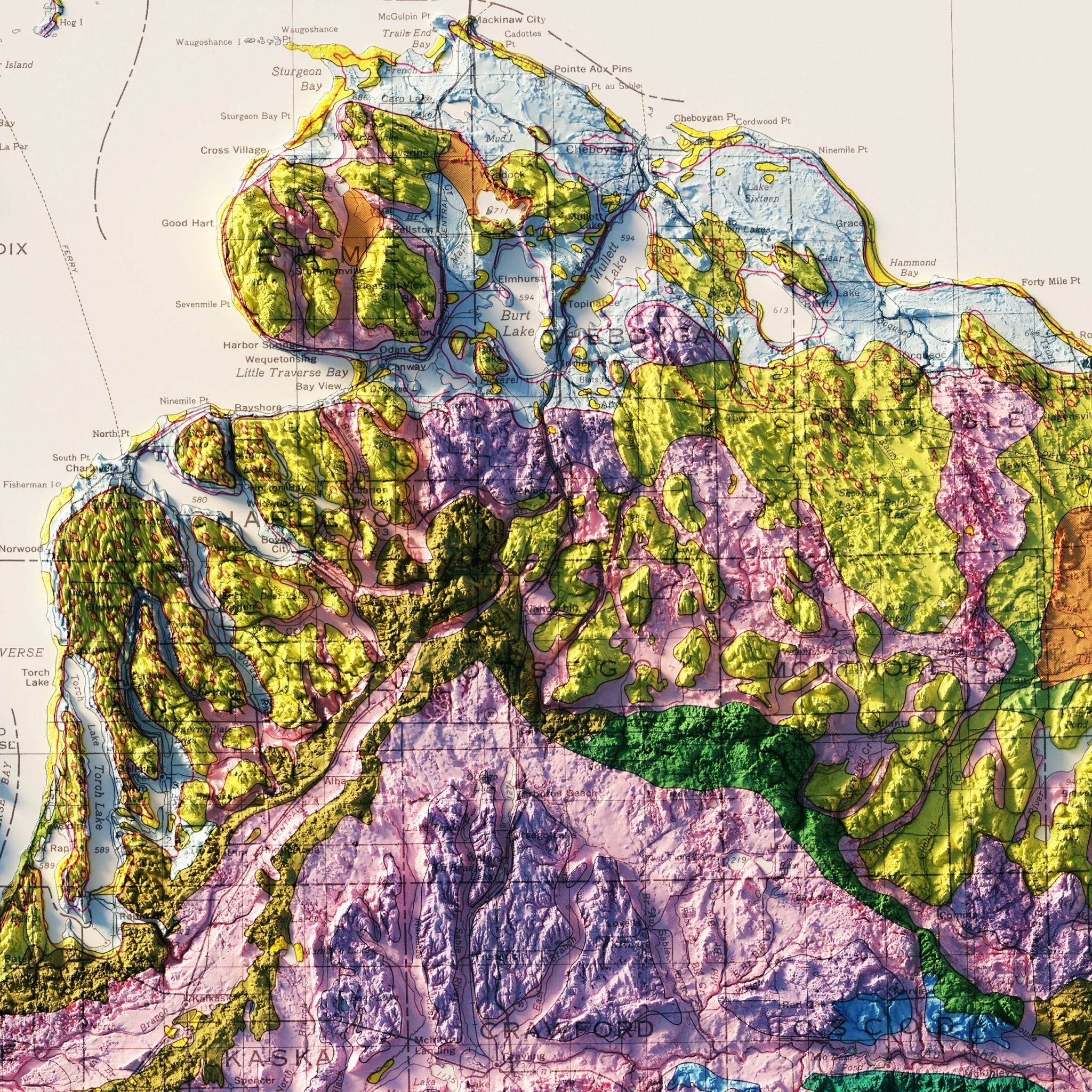 Michigan, Lower Peninsula 1982 Shaded Relief Map - Muir Way - Vintage Relief