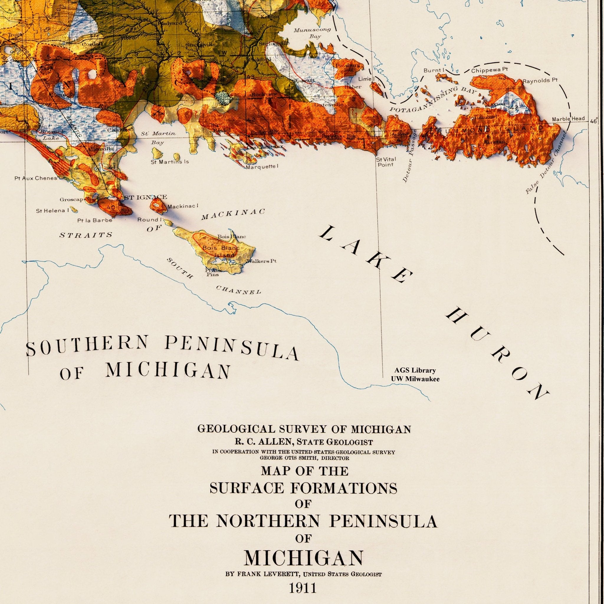 Michigan, Upper Peninsula 1911 Shaded Relief Map - Muir Way - Vintage Relief
