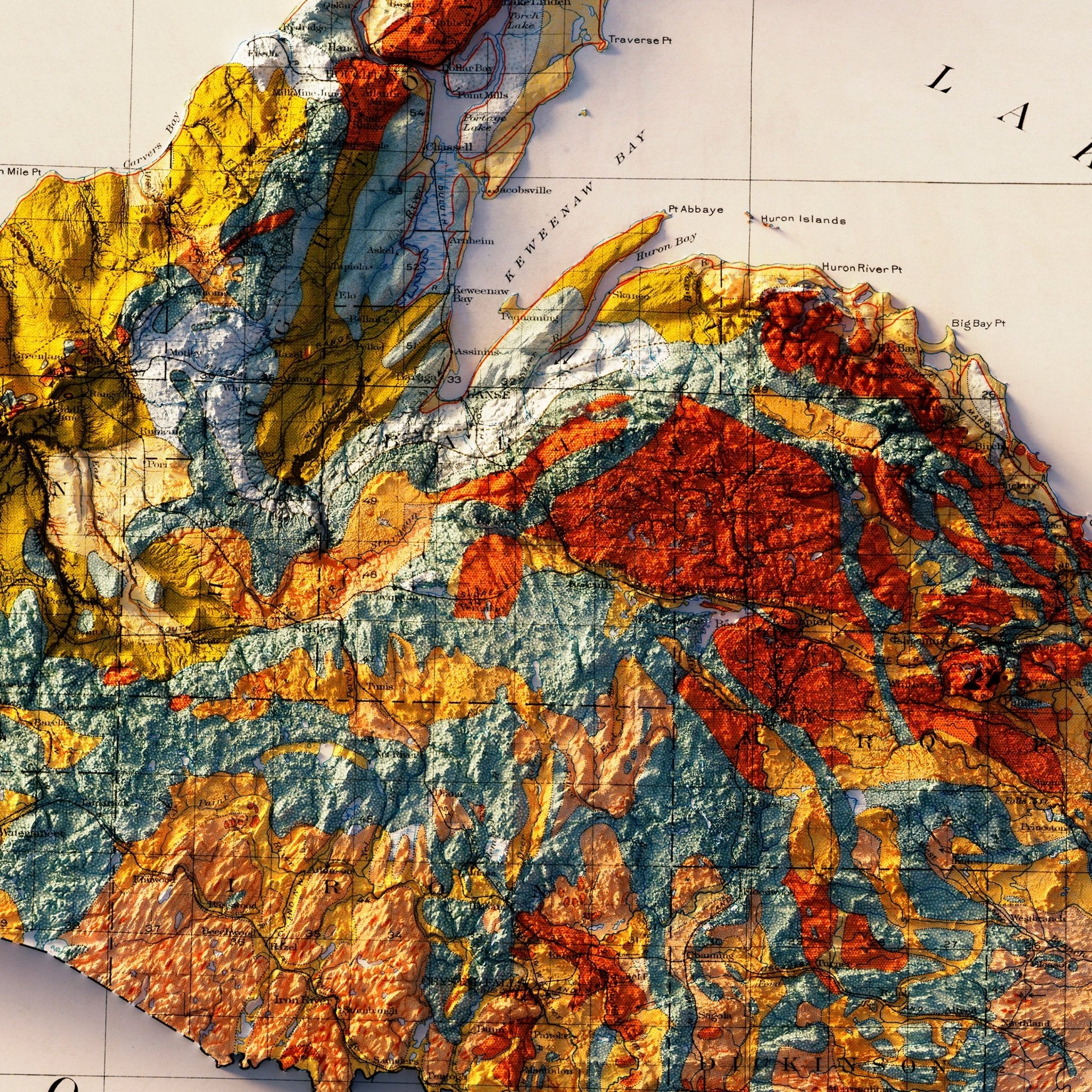 Michigan, Upper Peninsula 1911 Shaded Relief Map - Muir Way - Vintage Relief