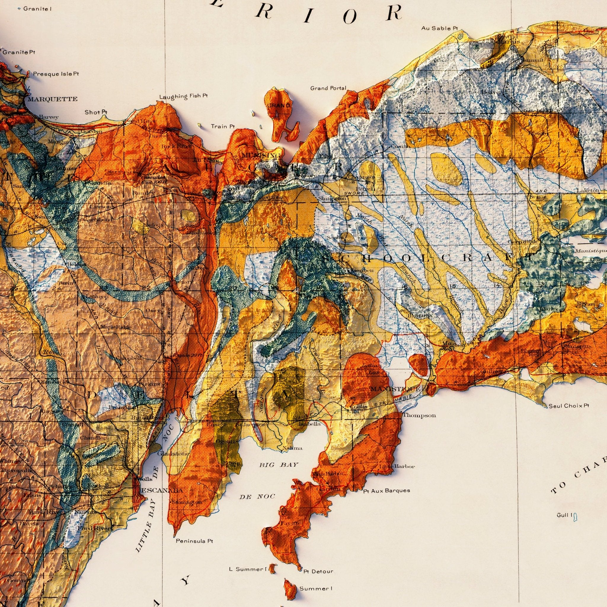 Michigan, Upper Peninsula 1911 Shaded Relief Map - Muir Way - Vintage Relief
