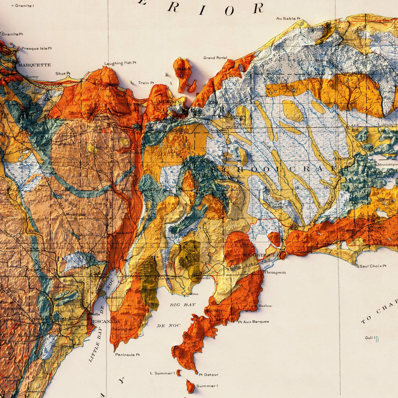 Michigan, Upper Peninsula 1911 Shaded Relief Map - Muir Way - Vintage Relief